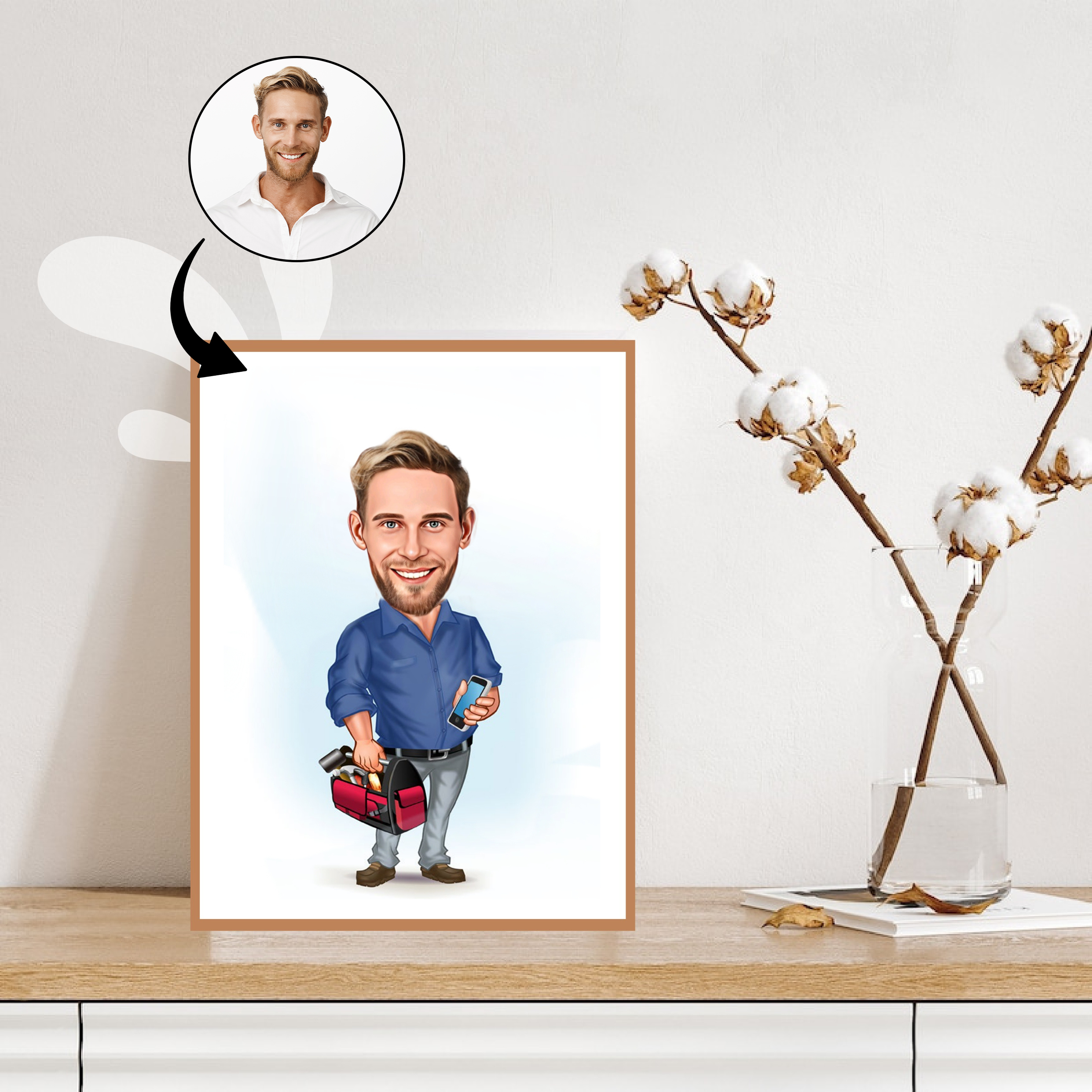 Håndværker tema8 (1 person) - karikaturtegning efter dine fotos - Just Karikatur