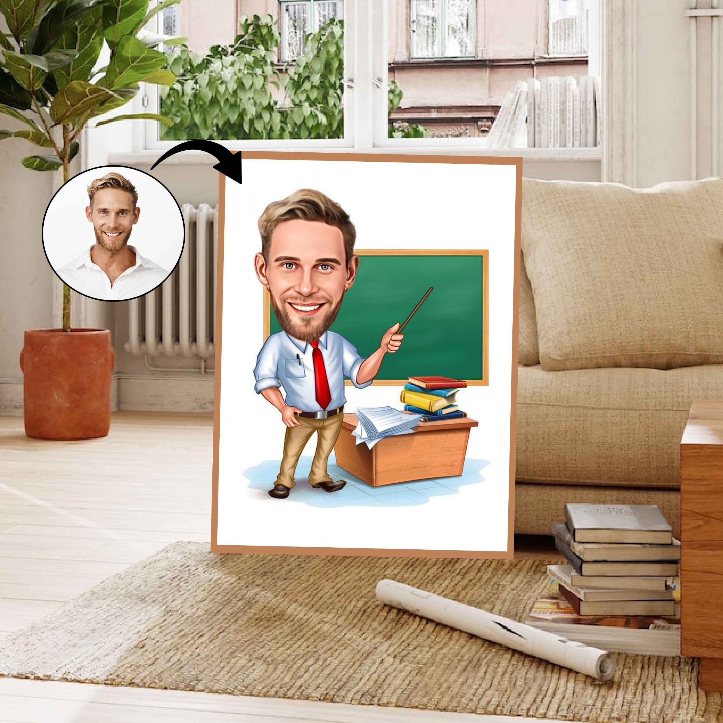 Lærer tema4 (1 person) - karikaturtegning efter dine fotos - Just Karikatur