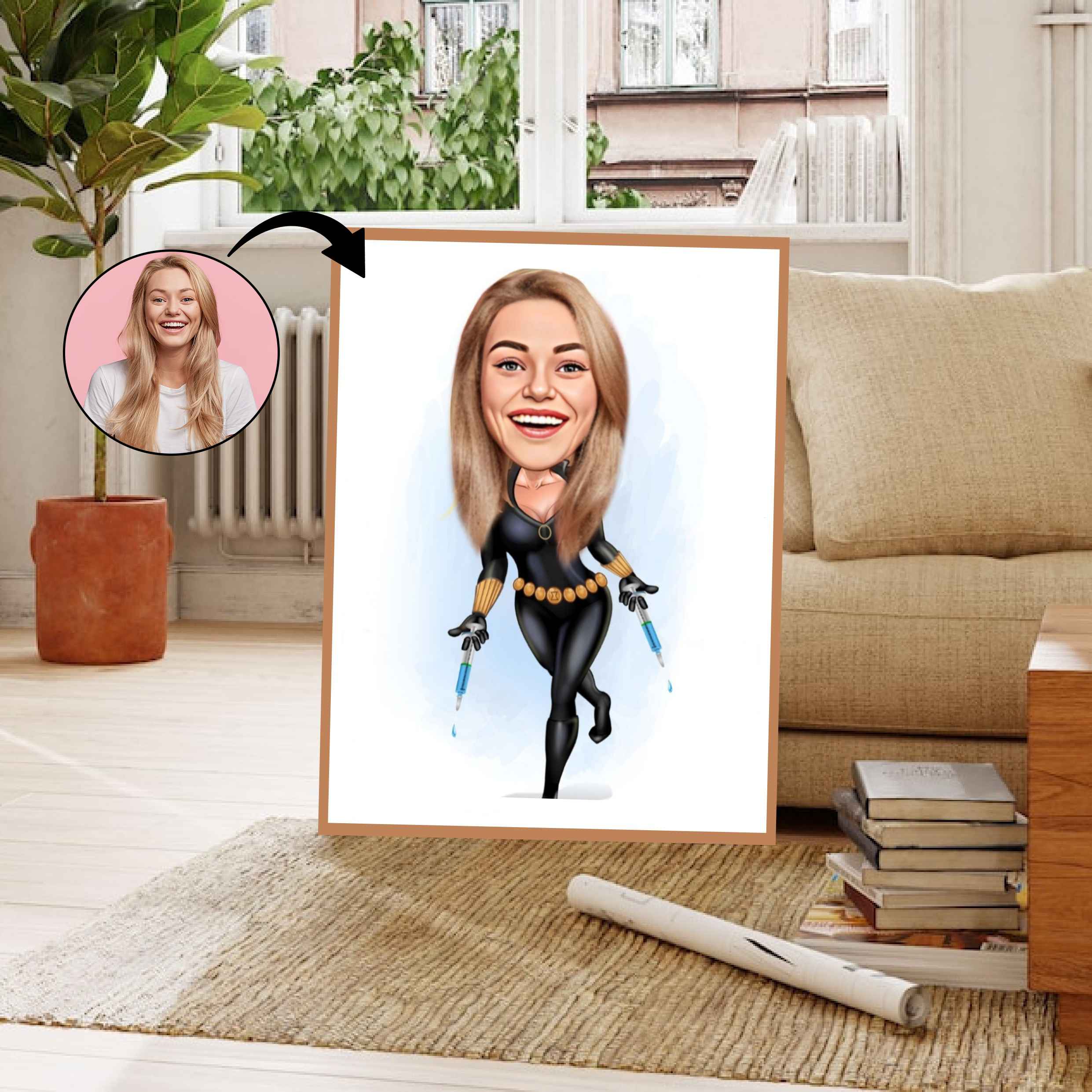 Superhelt tema50 (1 person) - karikaturtegning efter dine fotos - Just Karikatur