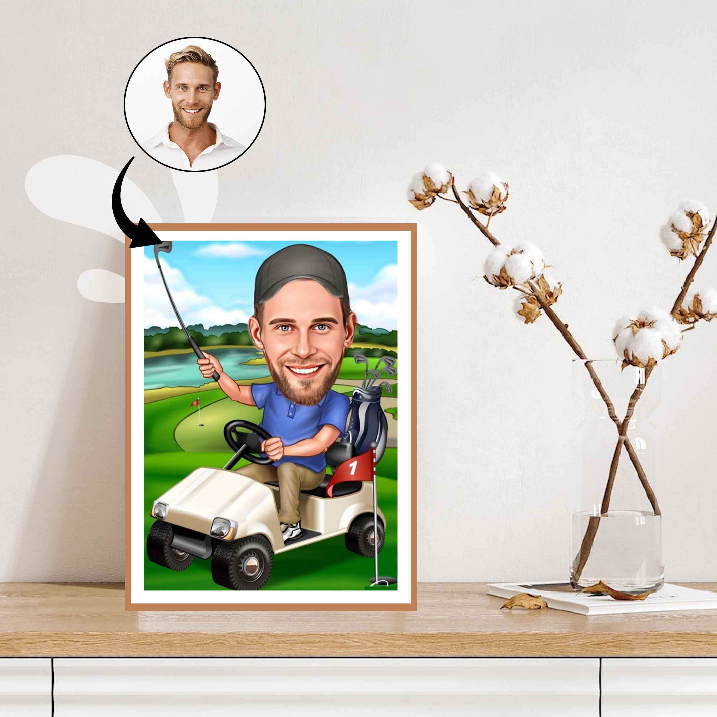 Golf tema11 (1 person) - karikaturtegning efter dine fotos - Just Karikatur
