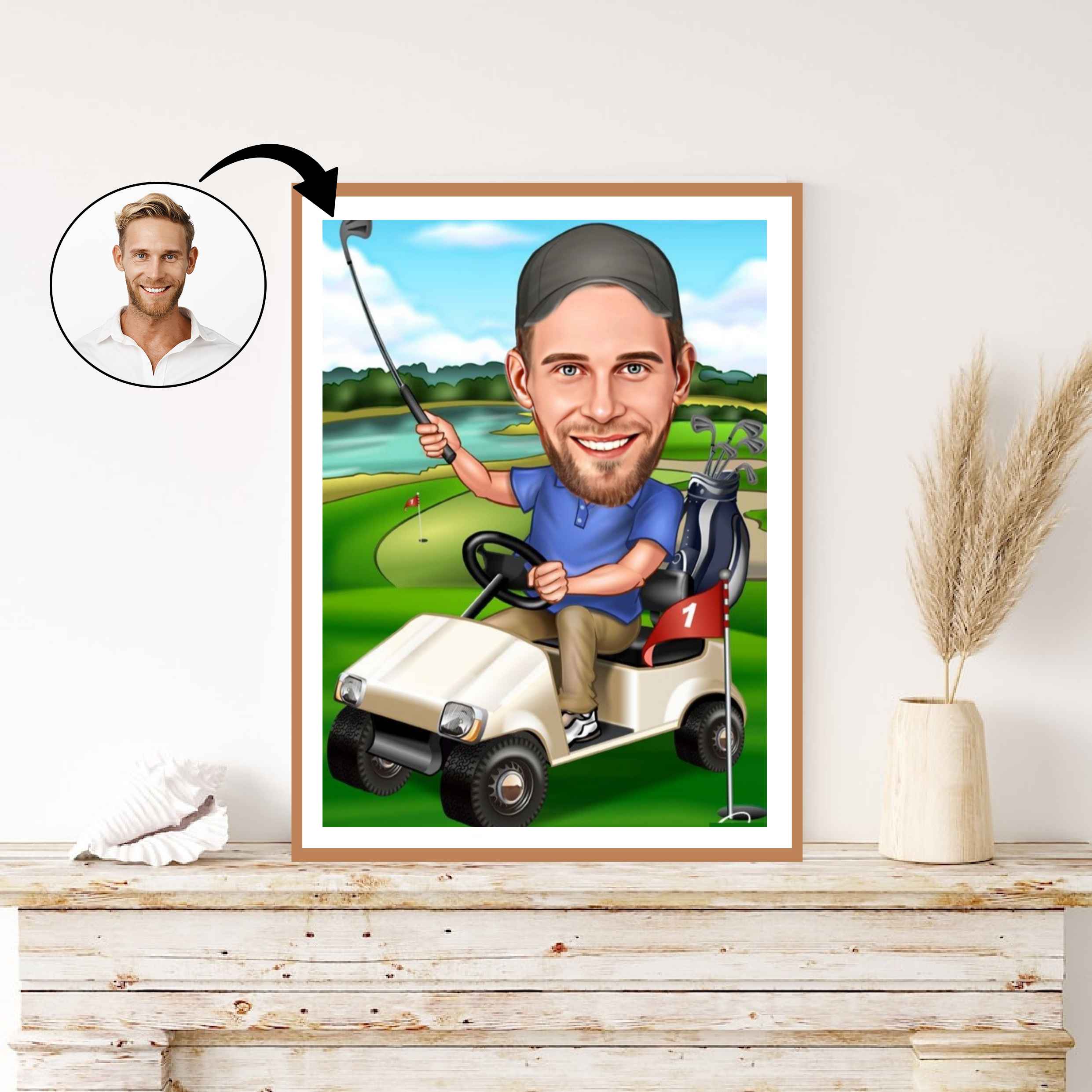 Golf tema11 (1 person) - karikaturtegning efter dine fotos - Just Karikatur
