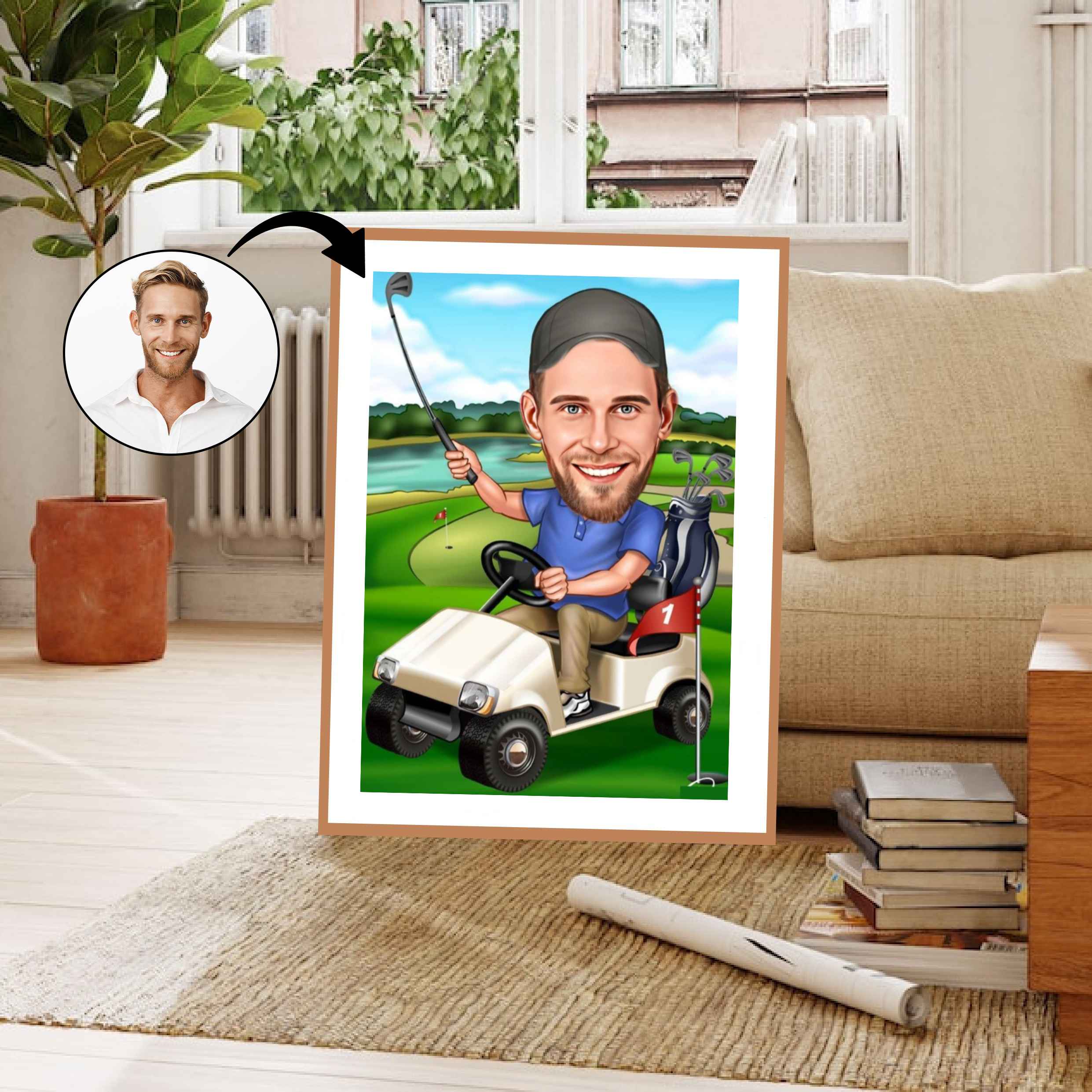 Golf tema11 (1 person) - karikaturtegning efter dine fotos - Just Karikatur