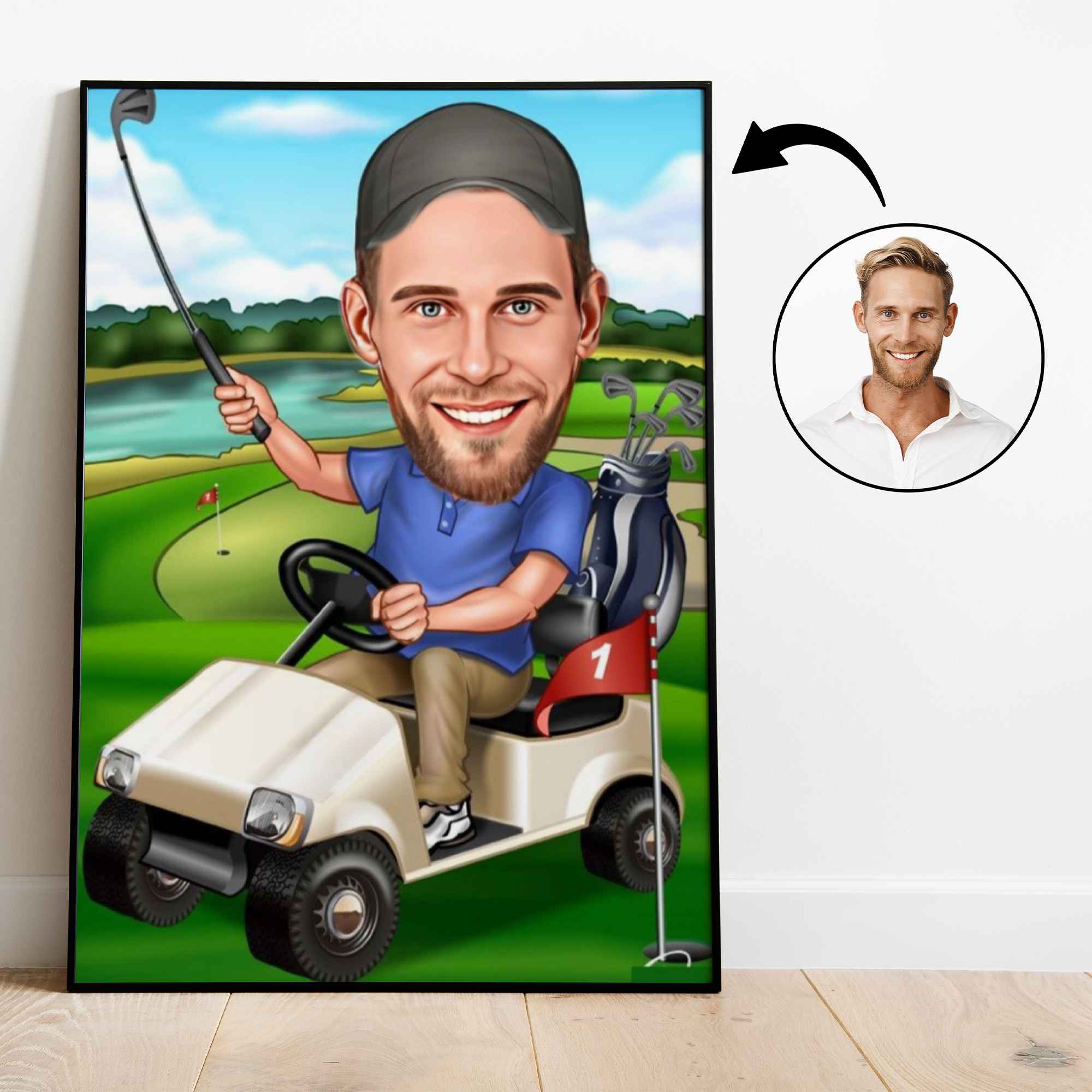 Golf tema11 (1 person) - karikaturtegning efter dine fotos - Just Karikatur