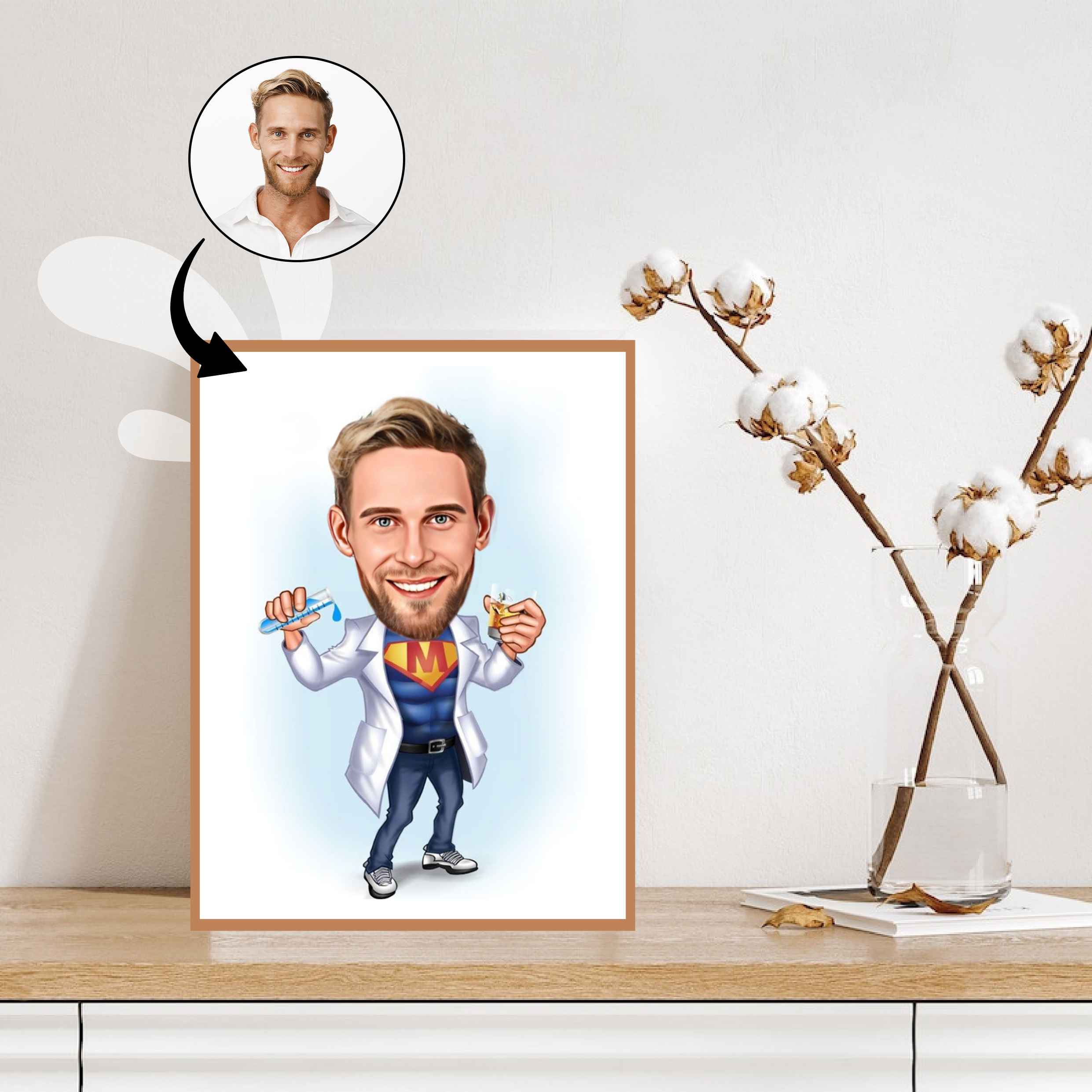 Medicinsk tema3 (1 person) - karikaturtegning efter dine fotos - Just Karikatur