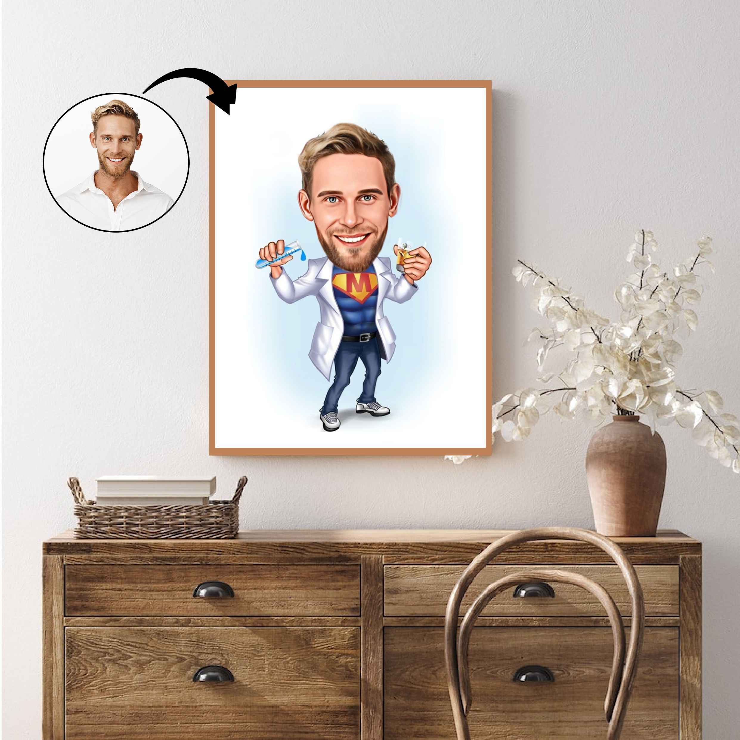 Medicinsk tema3 (1 person) - karikaturtegning efter dine fotos - Just Karikatur