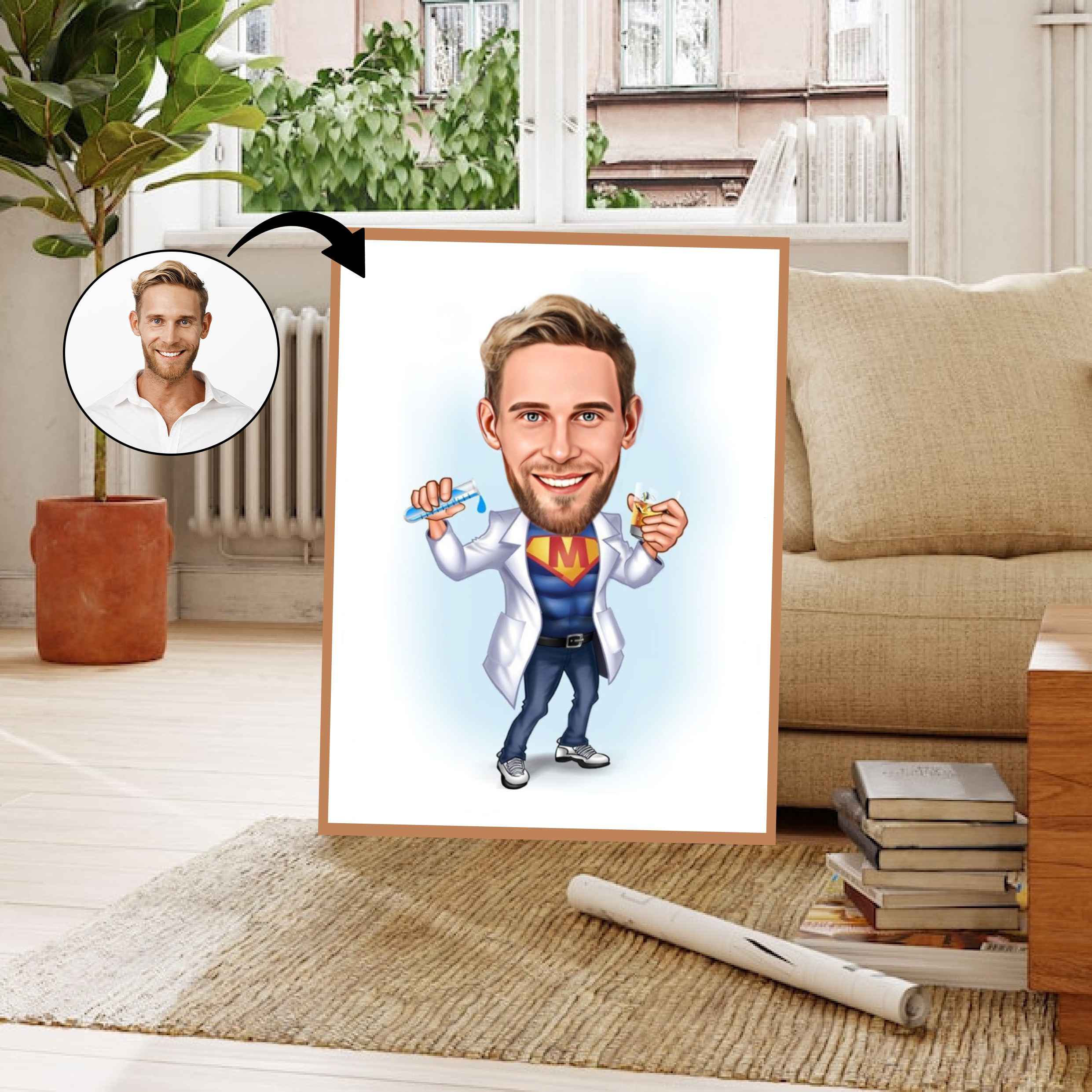 Medicinsk tema3 (1 person) - karikaturtegning efter dine fotos - Just Karikatur