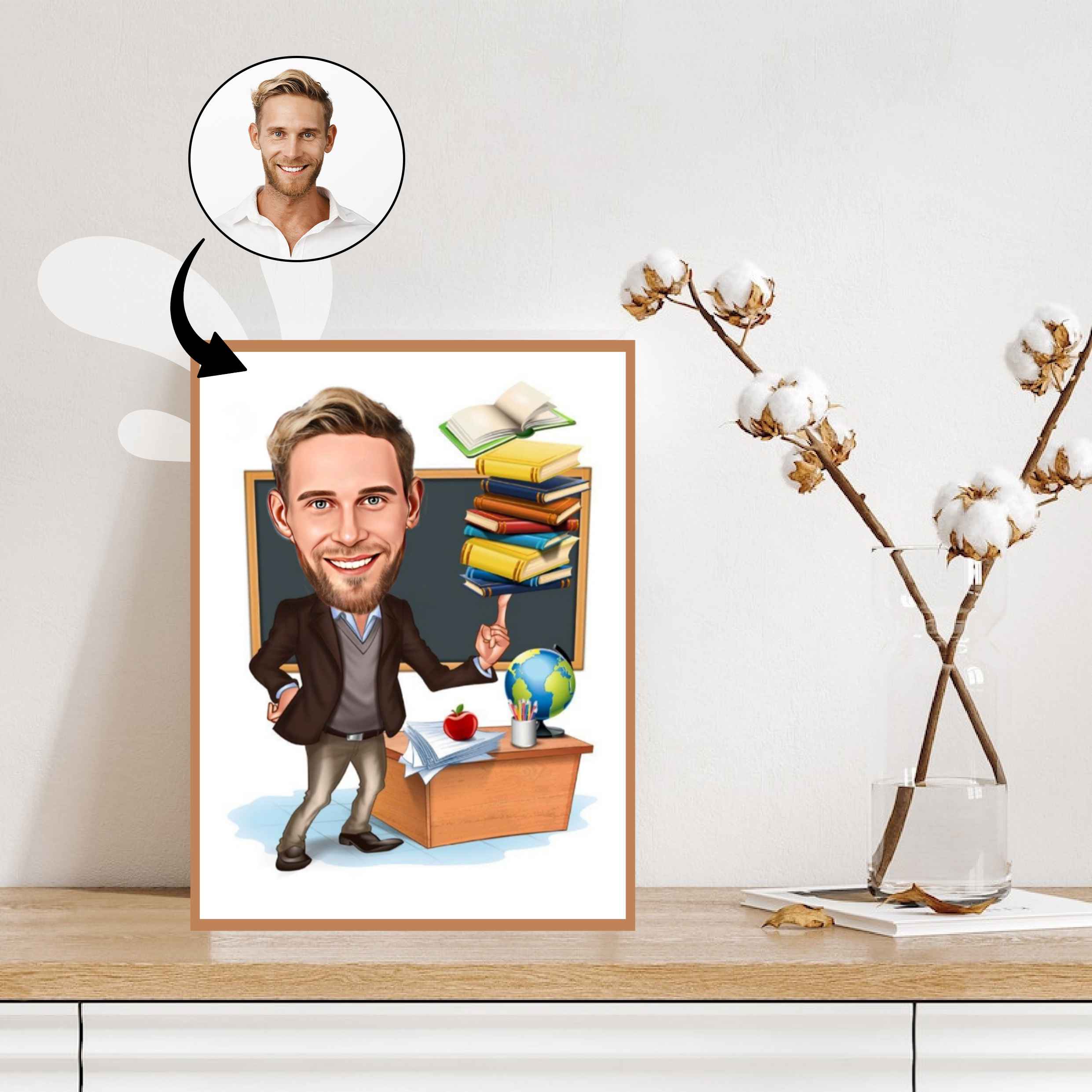 Lærer tema8 (1 person) - karikaturtegning efter dine fotos - Just Karikatur