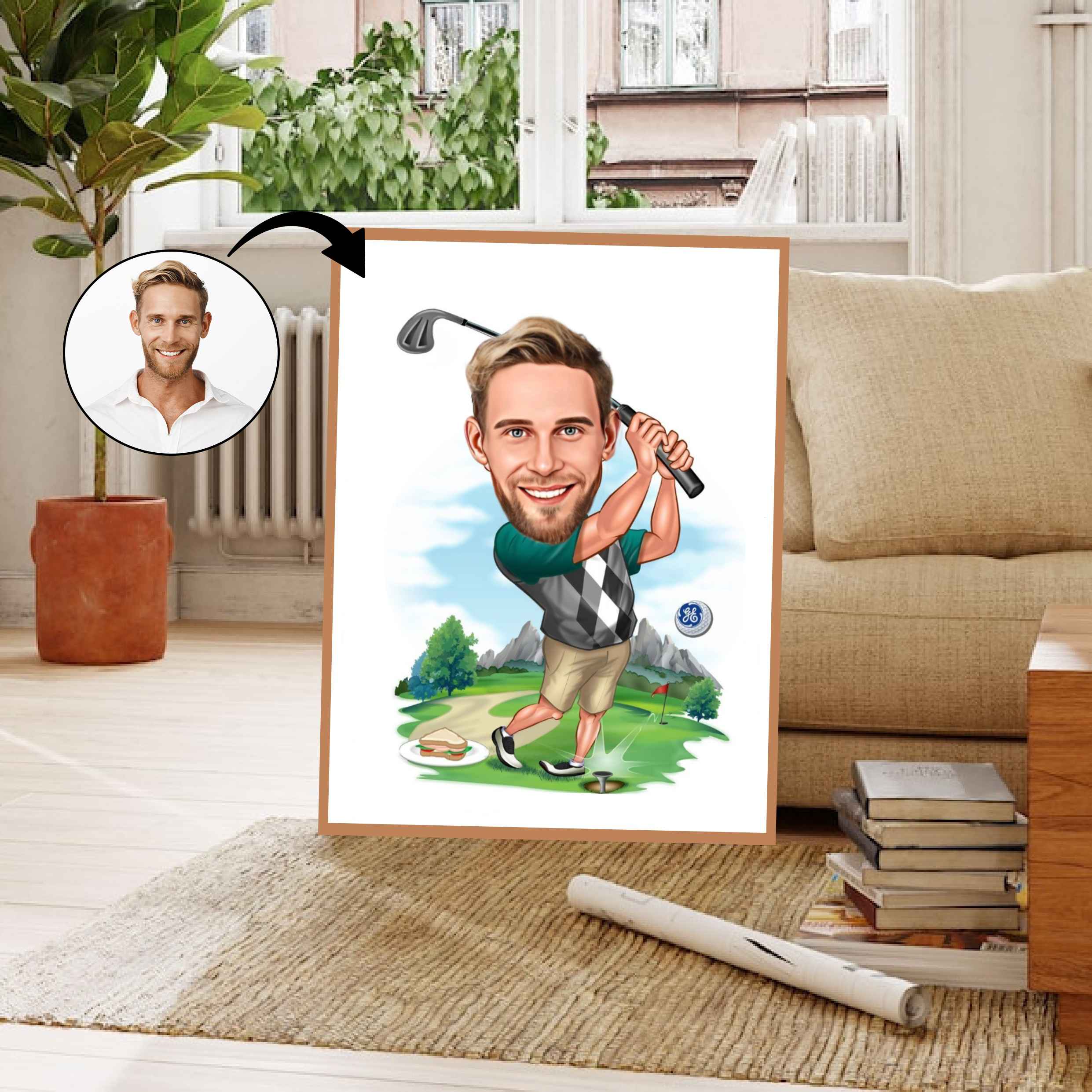Golf tema15 (1 person) - karikaturtegning efter dine fotos - Just Karikatur