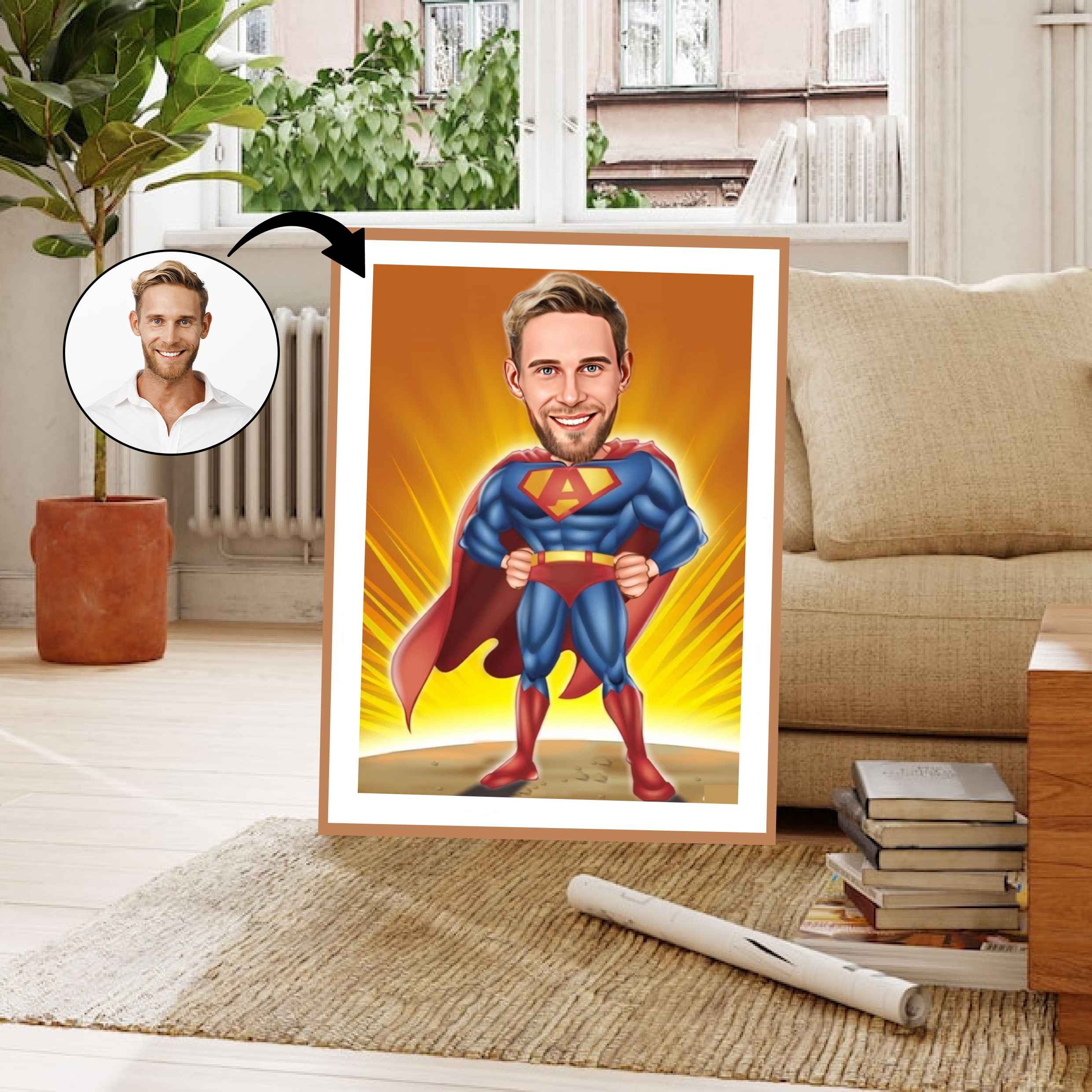 Superhelt tema32 (1 person) - karikaturtegning efter dine fotos - Just Karikatur