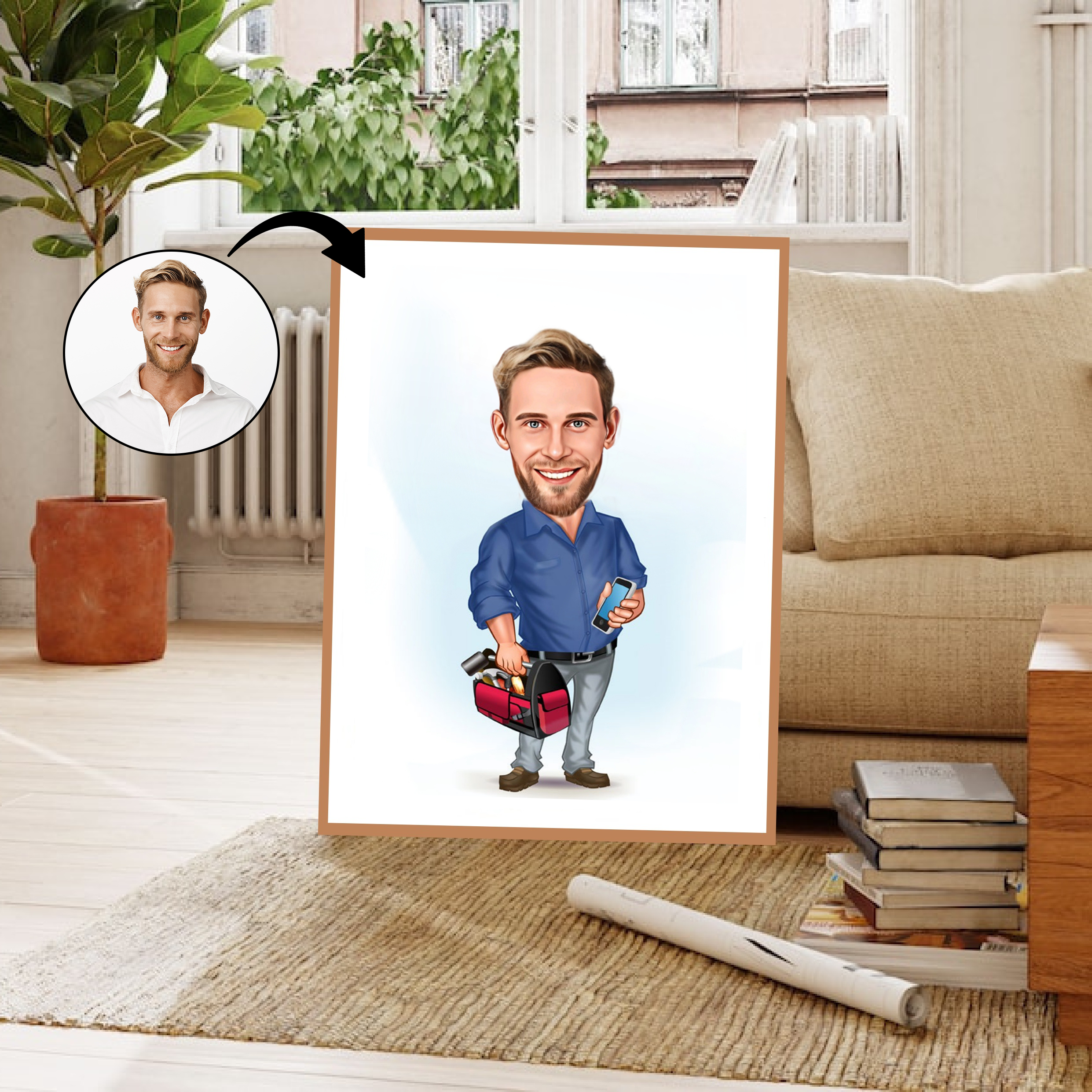 Håndværker tema8 (1 person) - karikaturtegning efter dine fotos - Just Karikatur