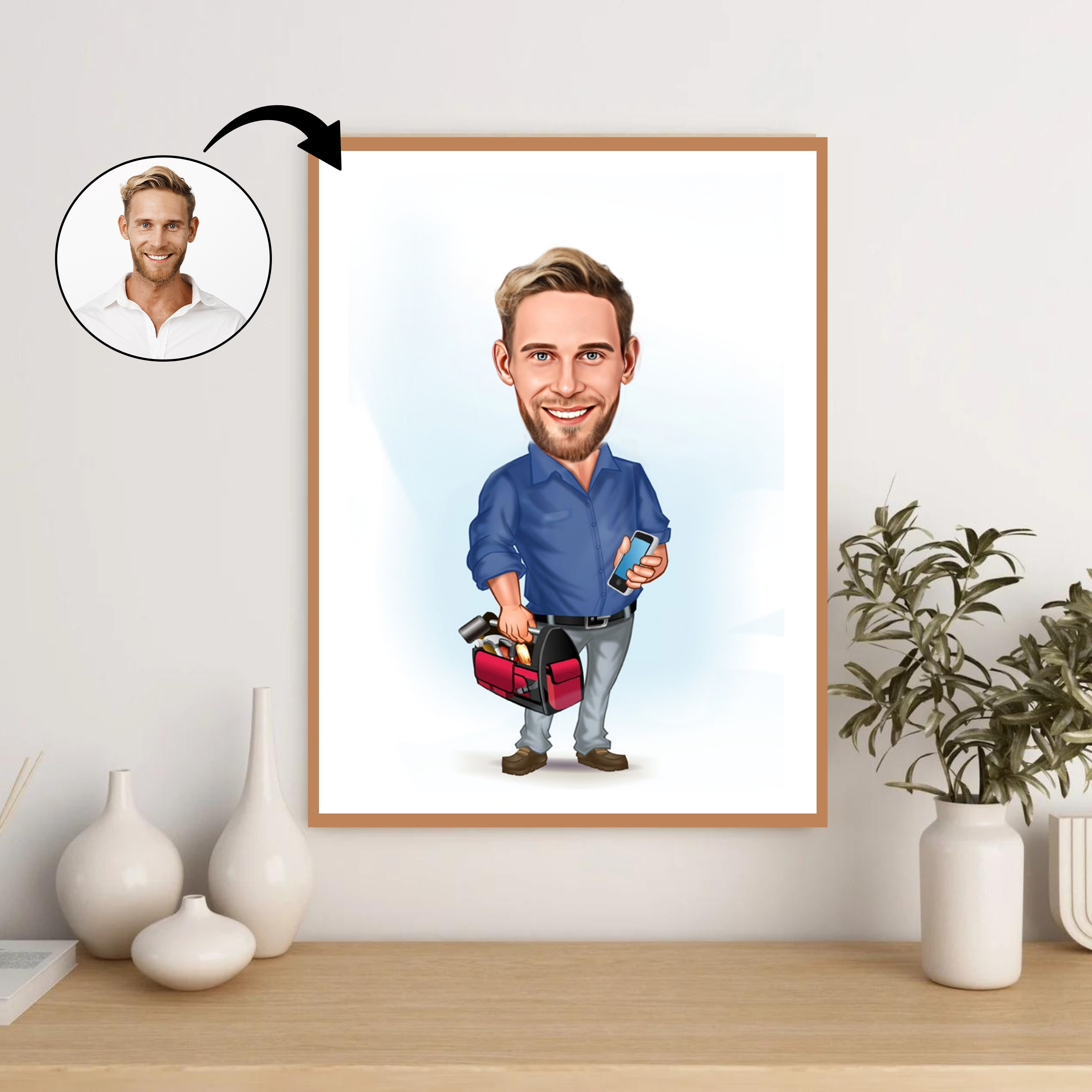 Håndværker tema8 (1 person) - karikaturtegning efter dine fotos - Just Karikatur