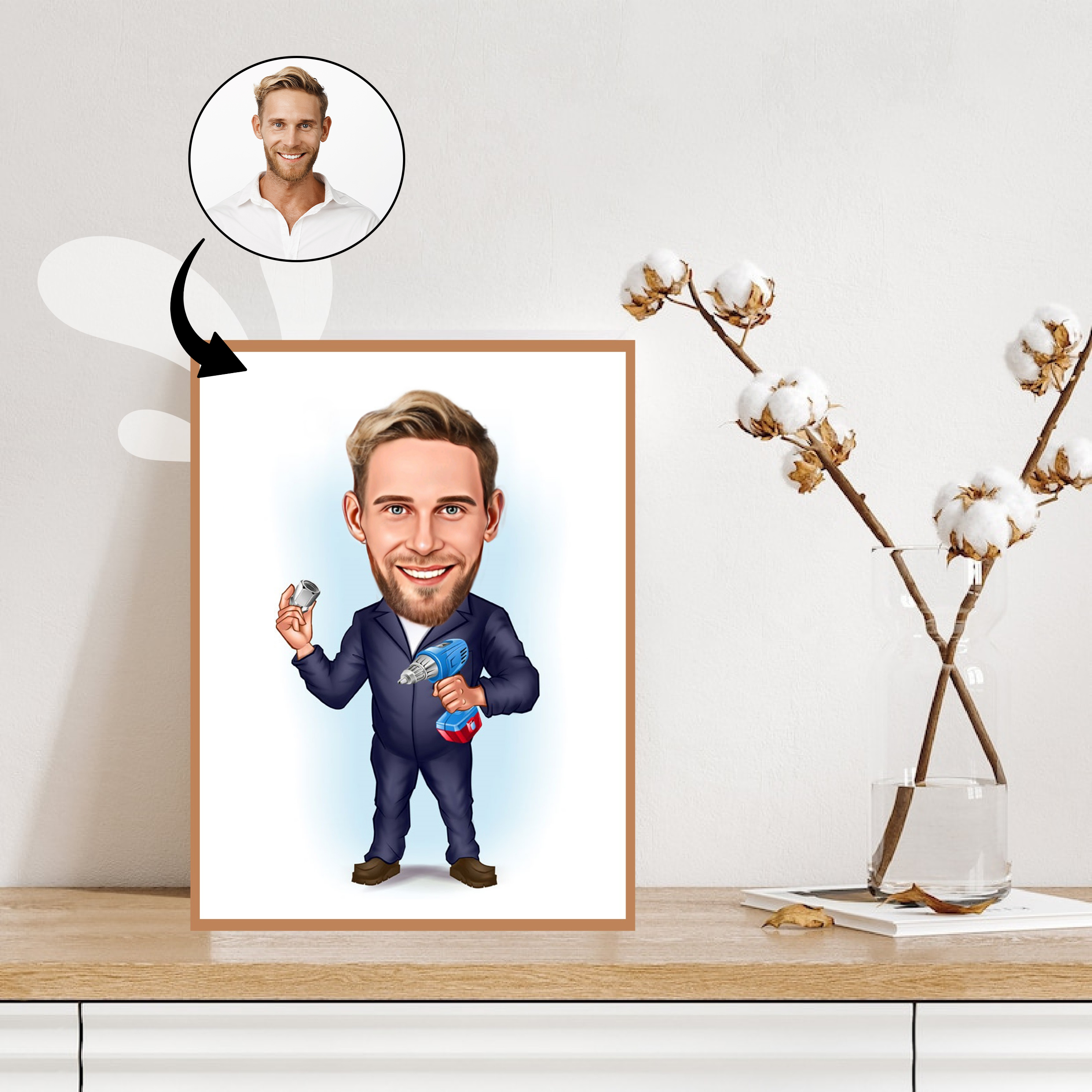 Håndværker tema2 (1 person) - karikaturtegning efter dine fotos - Just Karikatur