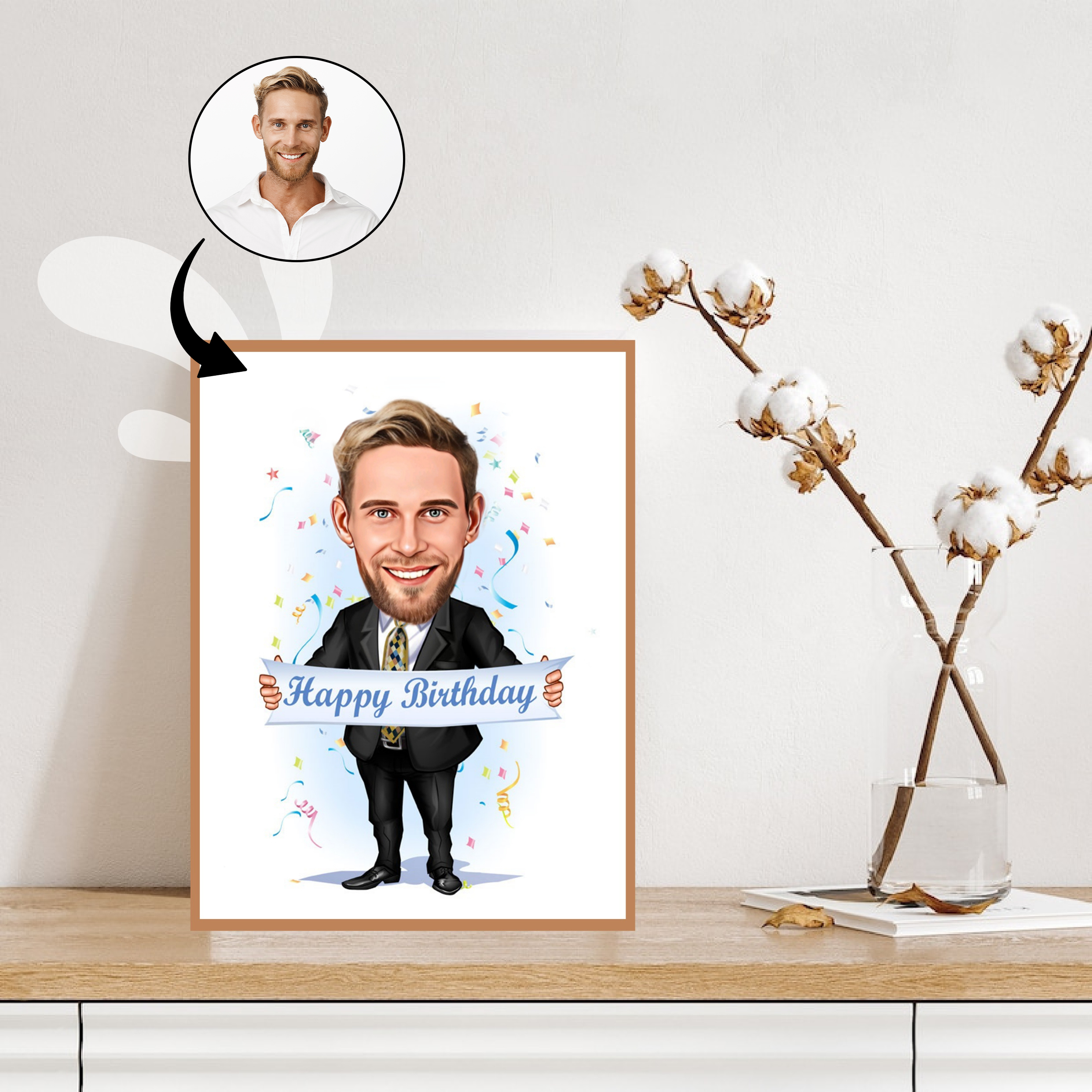 Fødselsdag tema9 (1 person) - karikaturtegning efter dine fotos - Just Karikatur