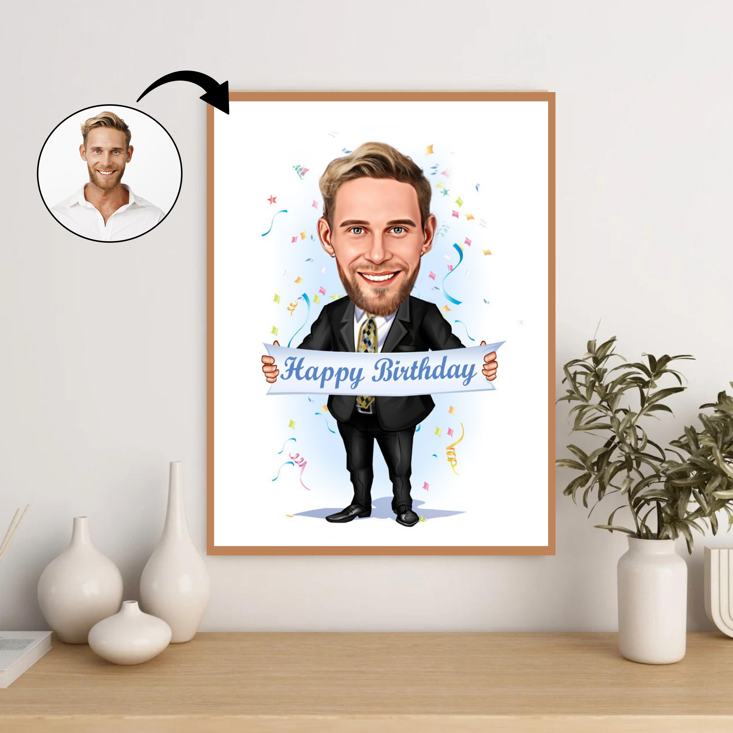 Fødselsdag tema9 (1 person) - karikaturtegning efter dine fotos - Just Karikatur