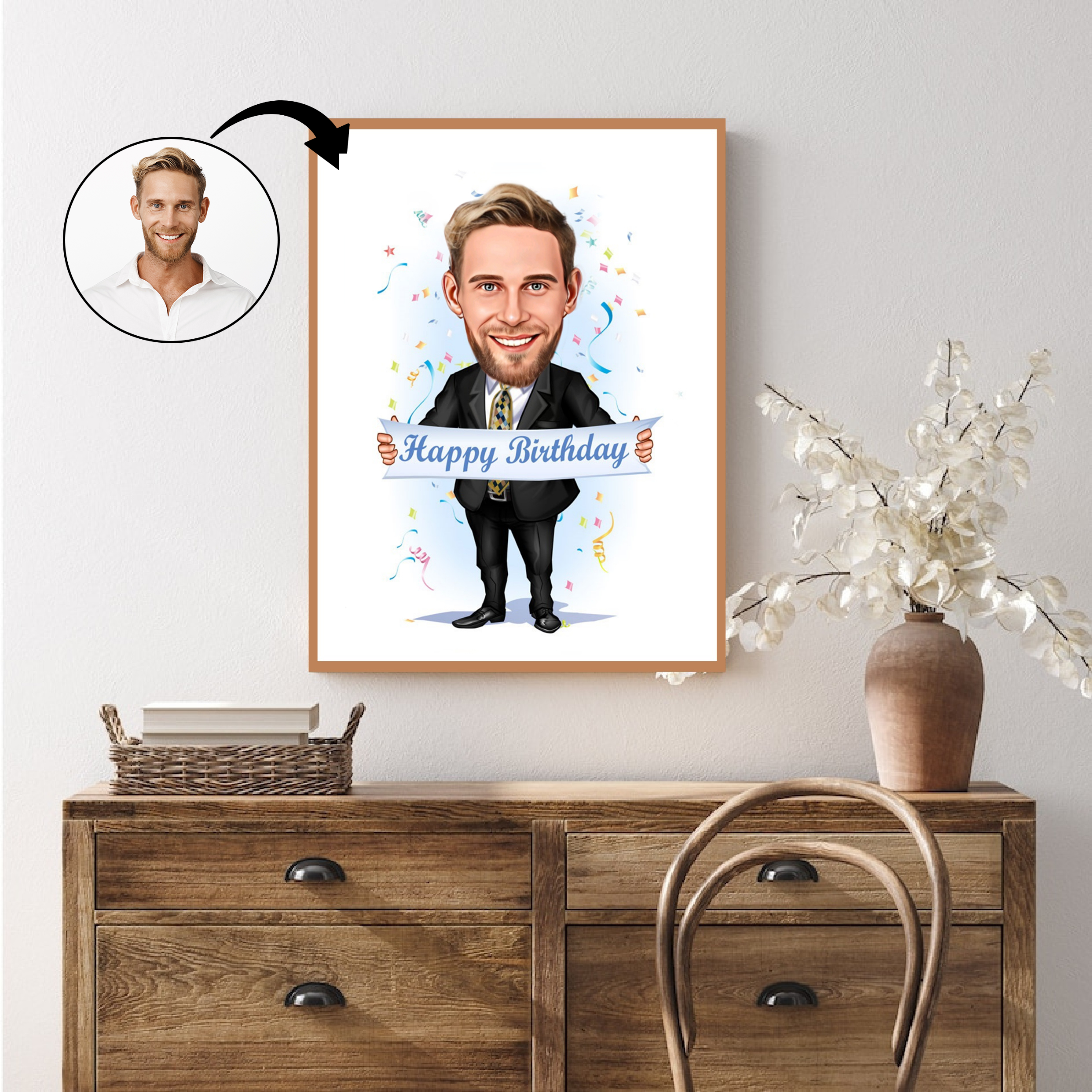 Fødselsdag tema9 (1 person) - karikaturtegning efter dine fotos - Just Karikatur