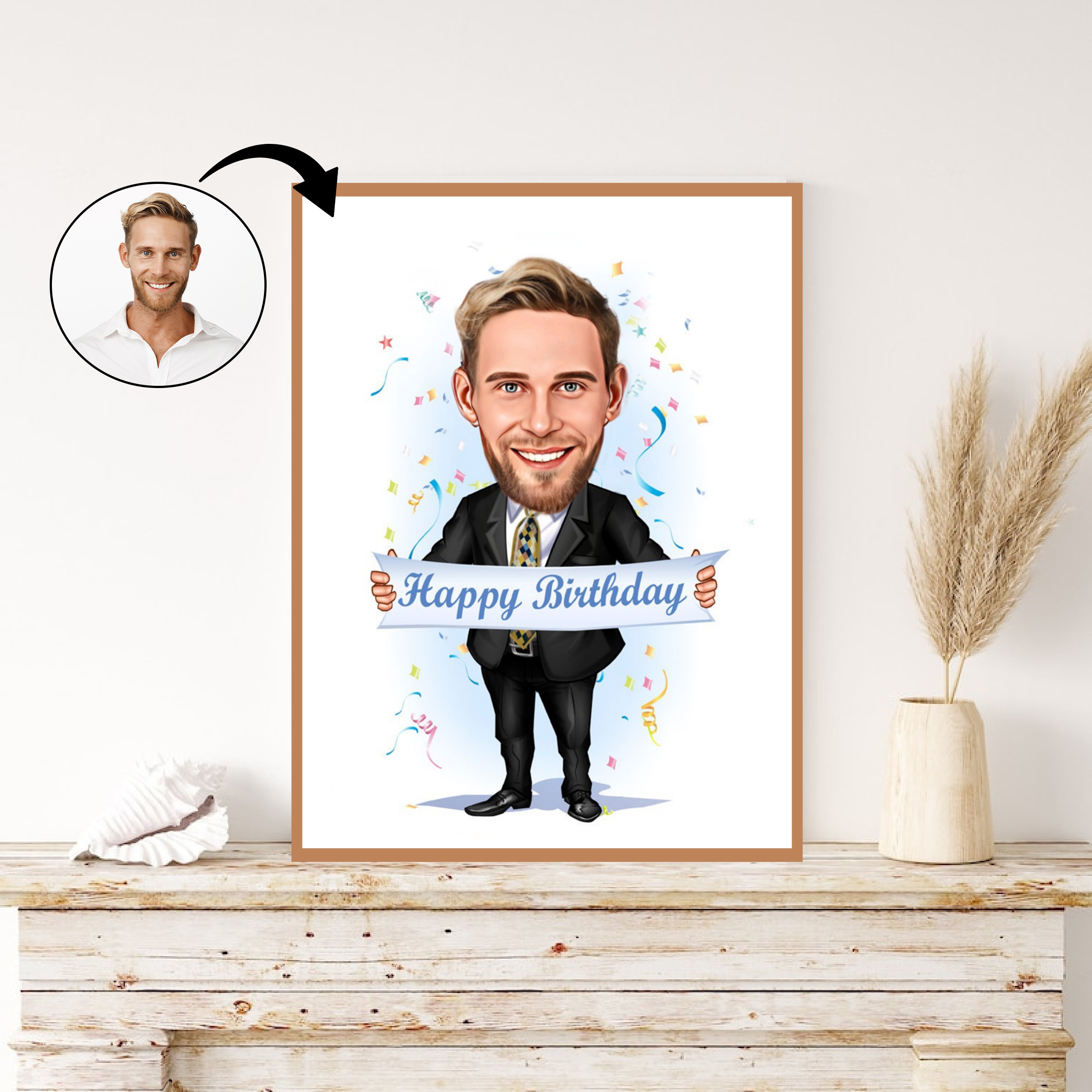 Fødselsdag tema9 (1 person) - karikaturtegning efter dine fotos - Just Karikatur