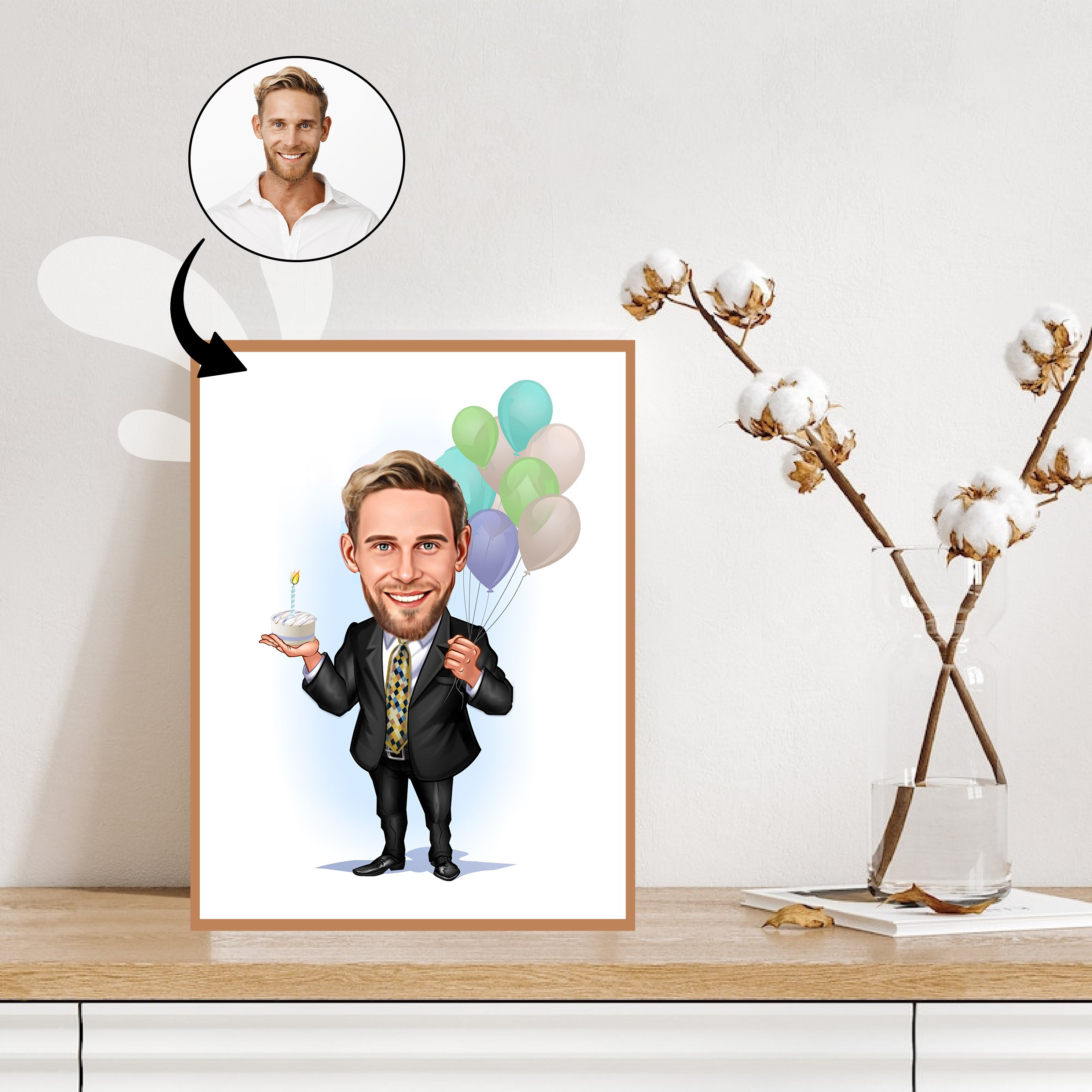 Fødselsdag tema16 (1 person) - karikaturtegning efter dine fotos - Just Karikatur