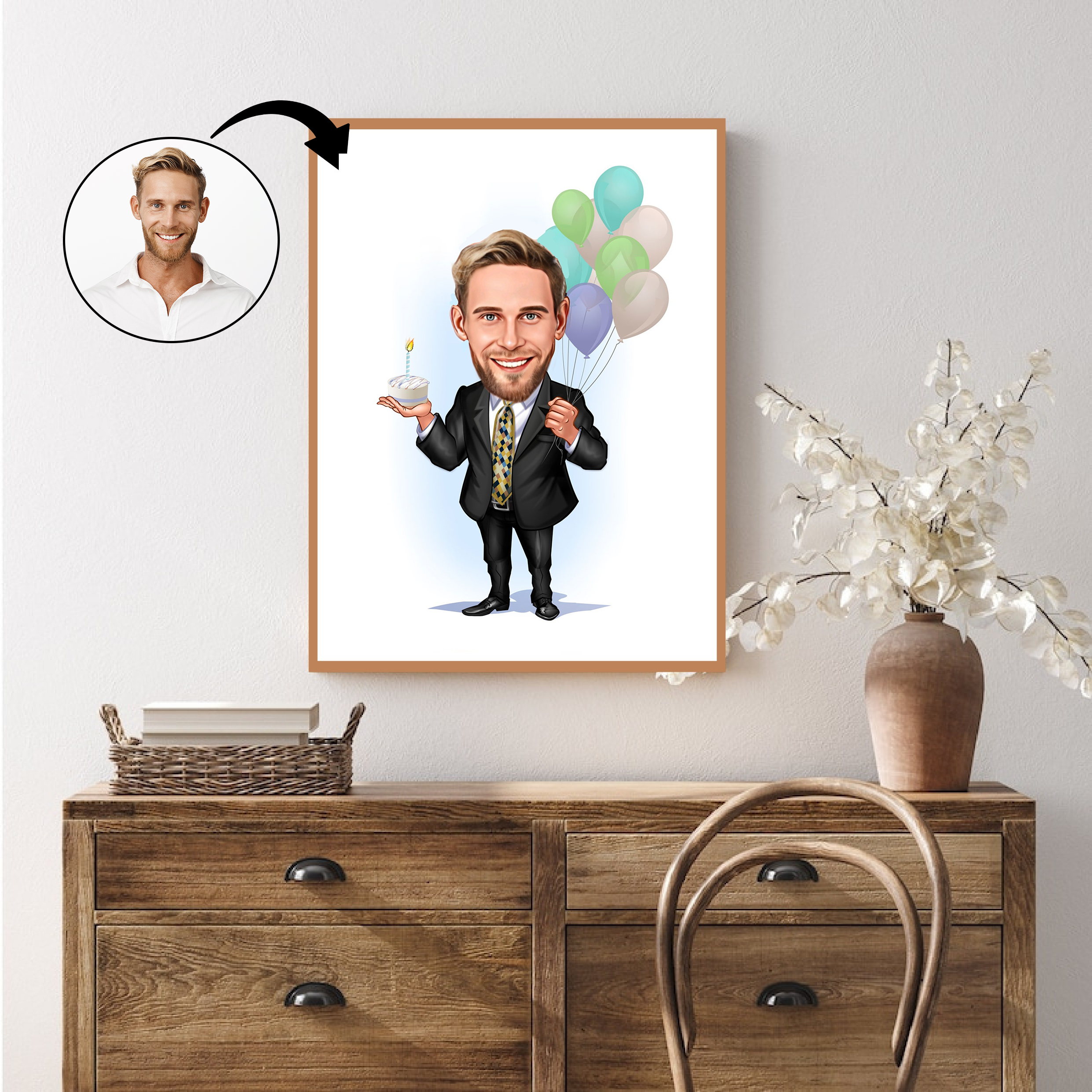 Fødselsdag tema16 (1 person) - karikaturtegning efter dine fotos - Just Karikatur