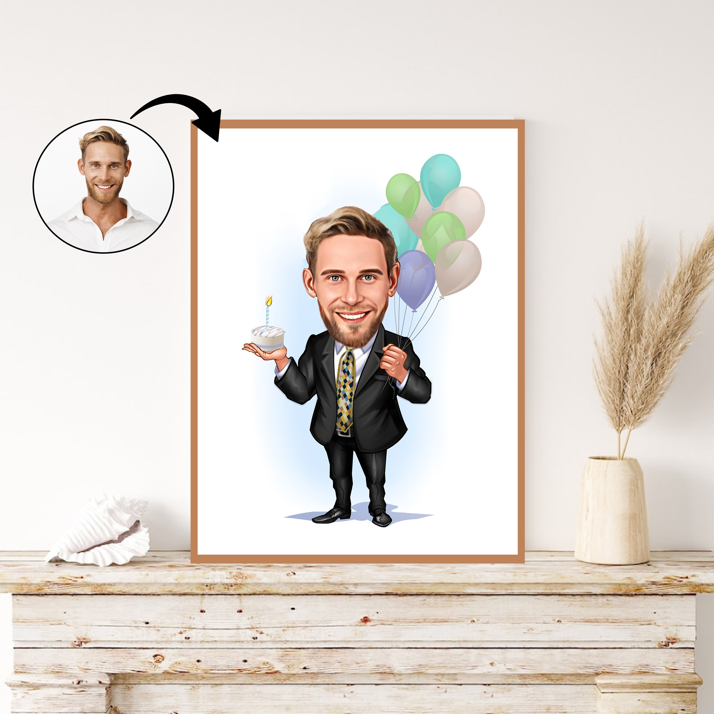 Fødselsdag tema16 (1 person) - karikaturtegning efter dine fotos - Just Karikatur