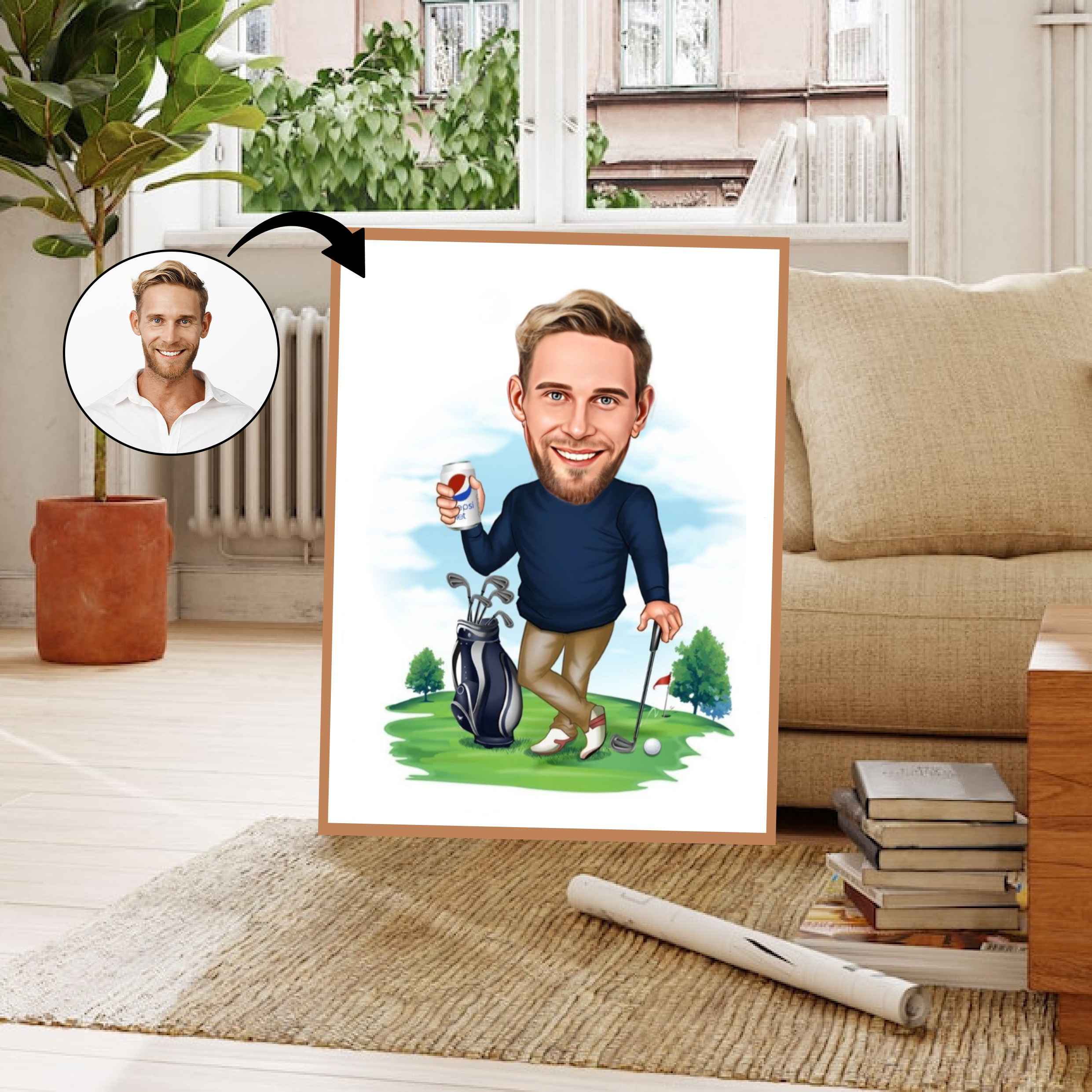 Golf tema3 (1 person) - karikaturtegning efter dine fotos - Just Karikatur