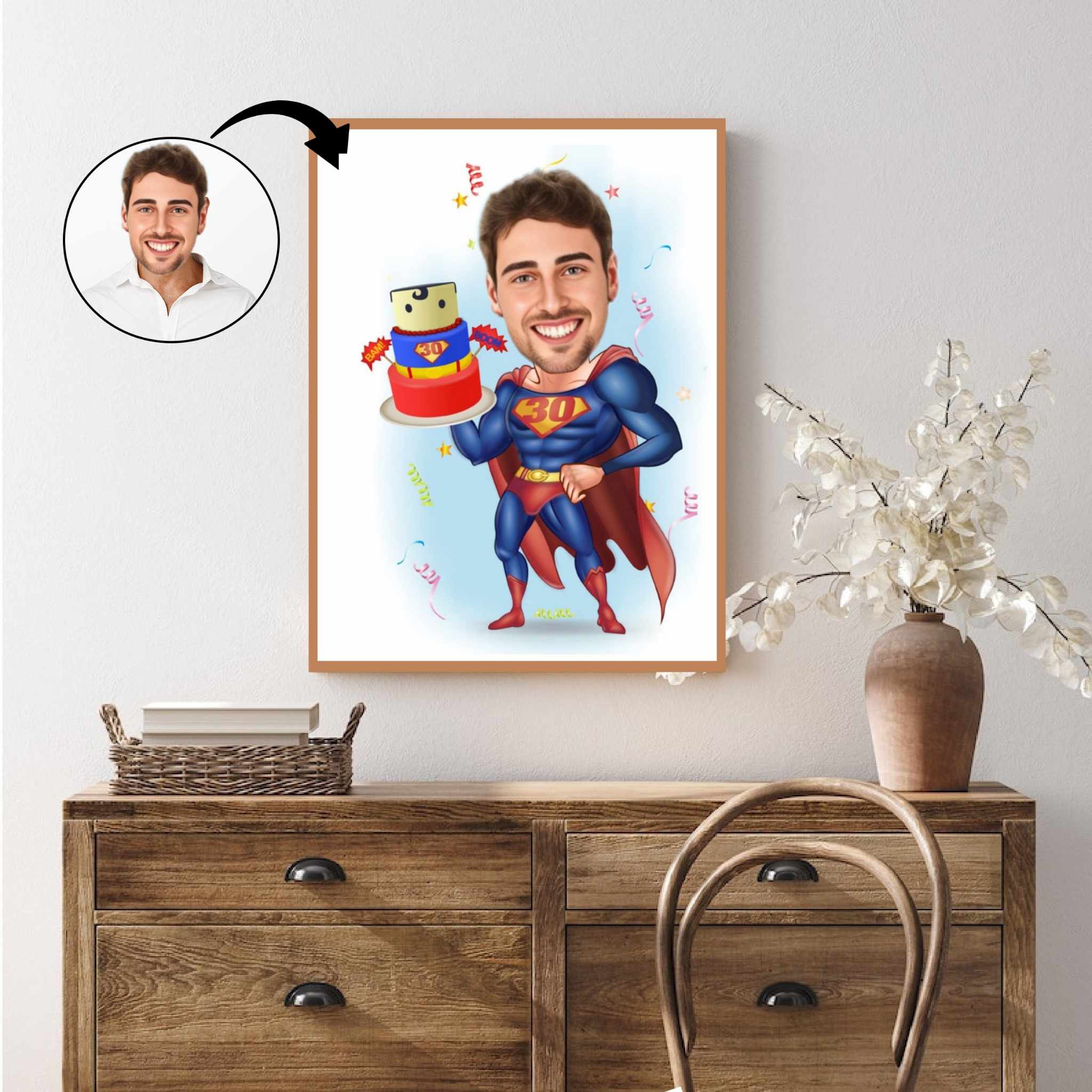 Fødselsdag tema30 (1 person) - karikaturtegning efter dine fotos - Just Karikatur