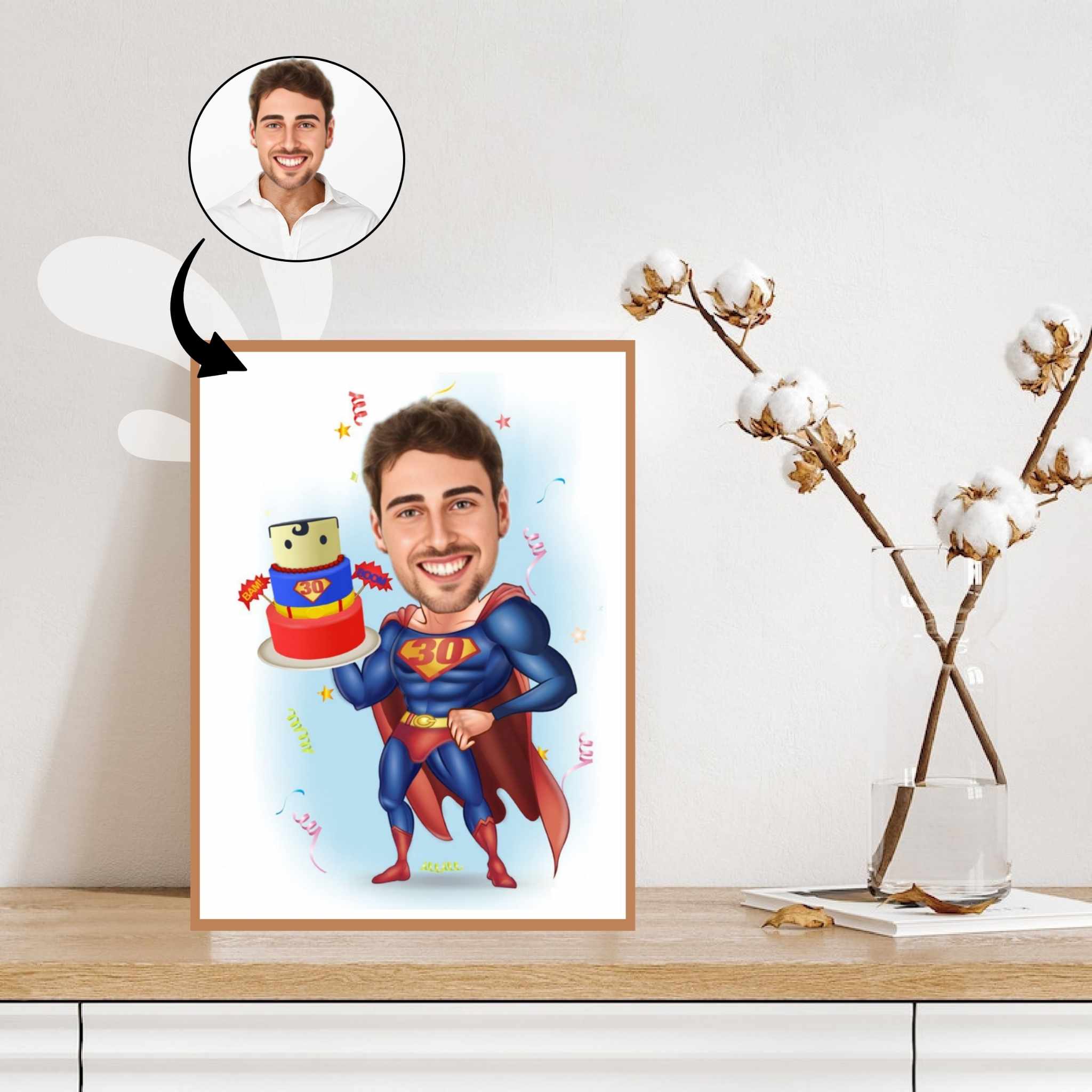 Fødselsdag tema30 (1 person) - karikaturtegning efter dine fotos - Just Karikatur