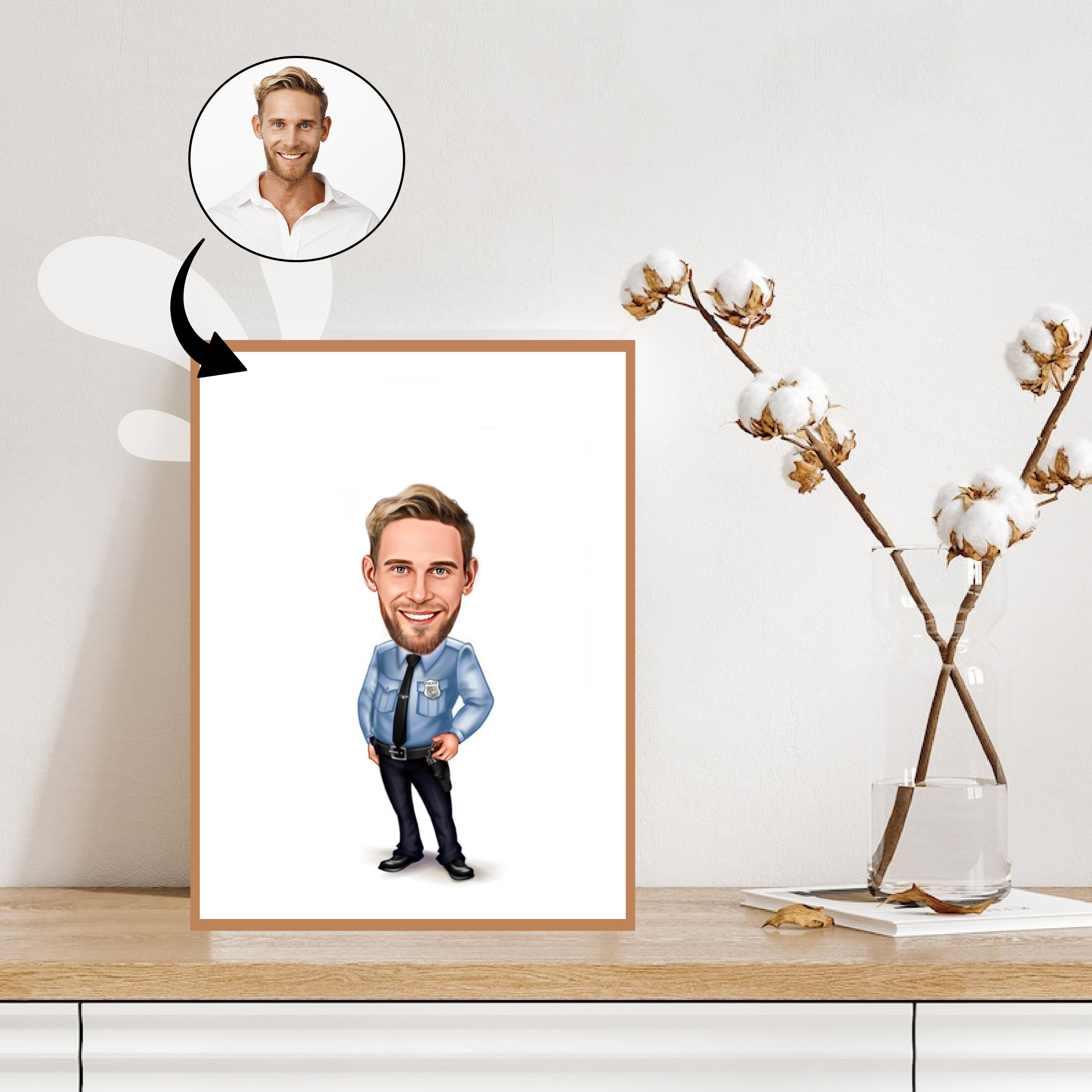 Politi & Militær tema3 (1 person) - karikaturtegning efter dine fotos - Just Karikatur