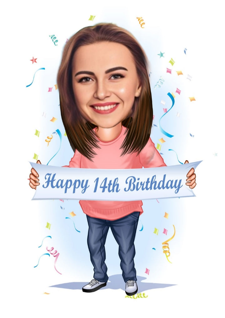 Fødselsdag tema12 (1 person) - karikaturtegning efter dine fotos - Just Karikatur