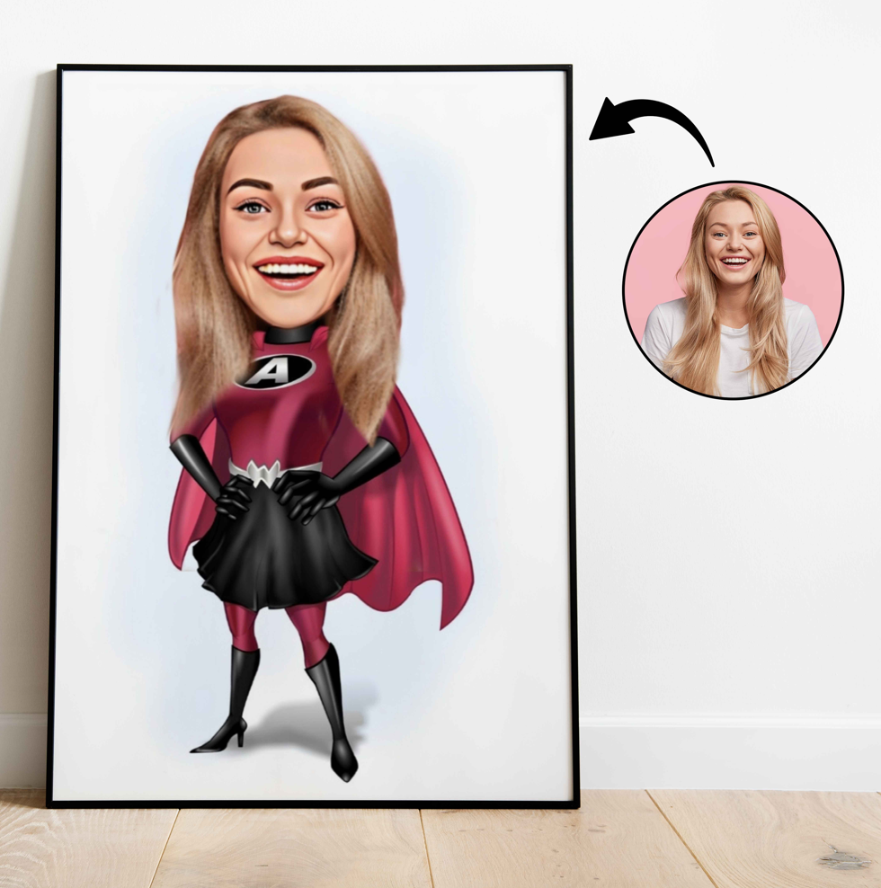 Superhelt tema49 (1 person) - karikaturtegning efter dine fotos - Just Karikatur