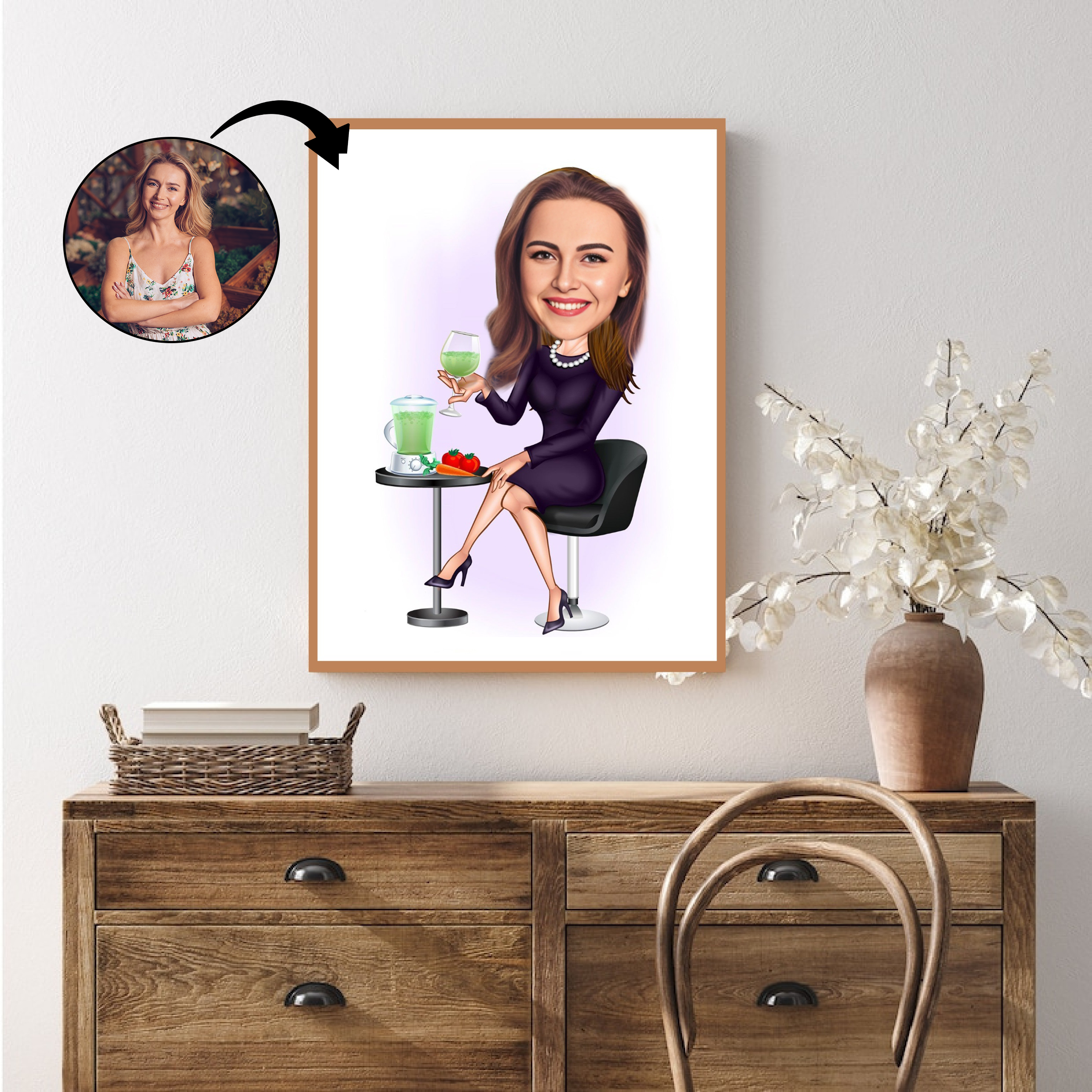 Til hende tema34 (1 person) - karikaturtegning efter dine fotos - Just Karikatur