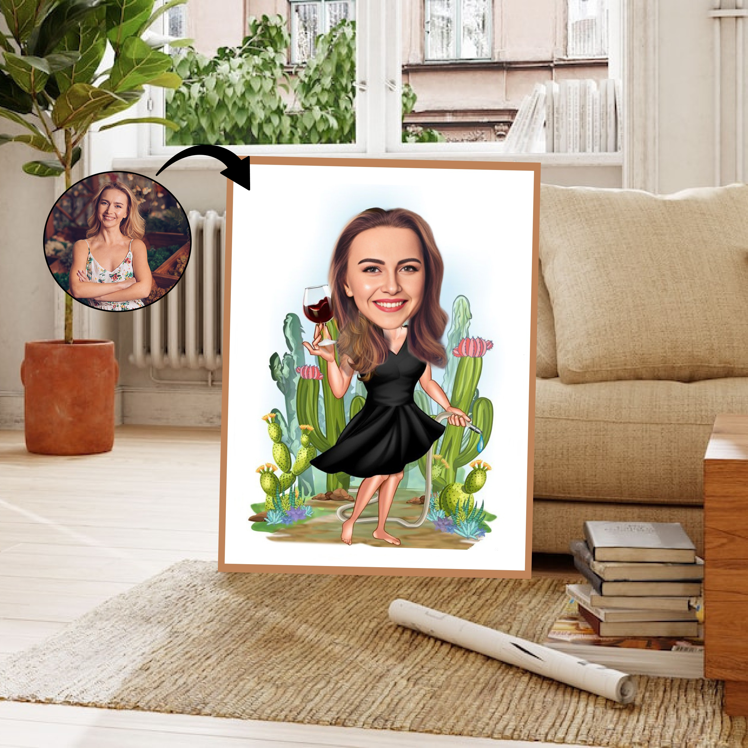 Til hende tema37 (1 person) - karikaturtegning efter dine fotos - Just Karikatur