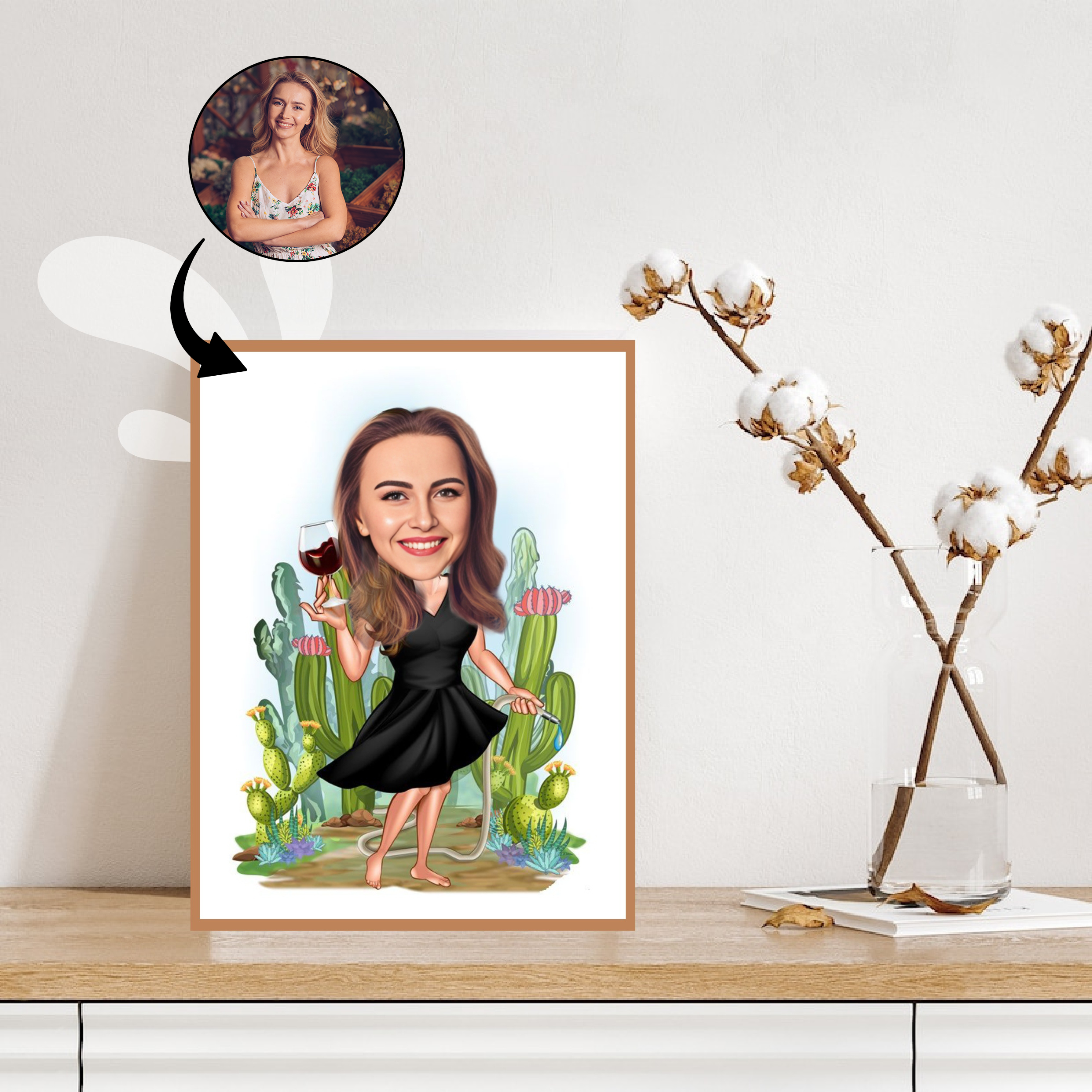 Til hende tema37 (1 person) - karikaturtegning efter dine fotos - Just Karikatur