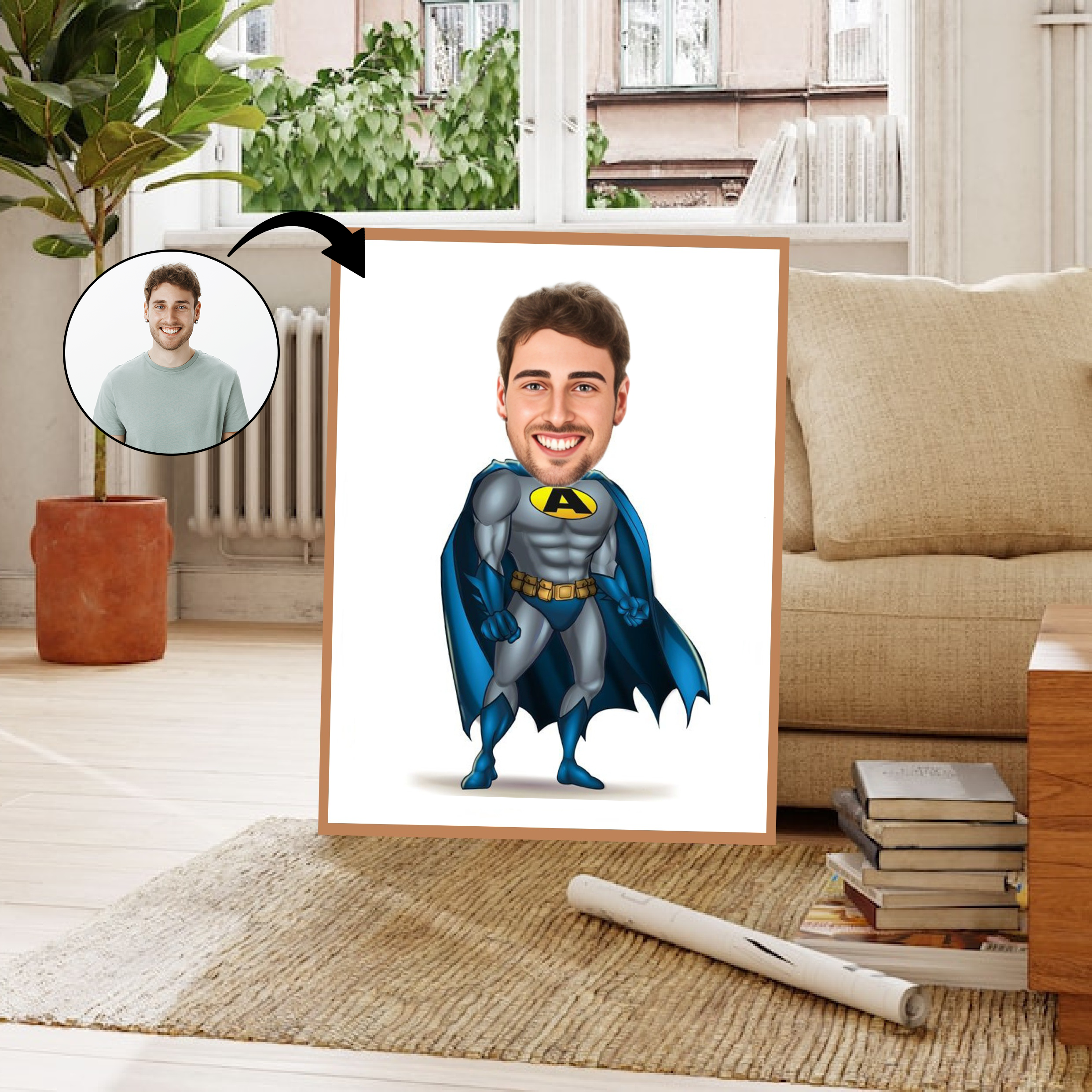 Superhelt tema40 (1 person) - karikaturtegning efter dine fotos - Just Karikatur