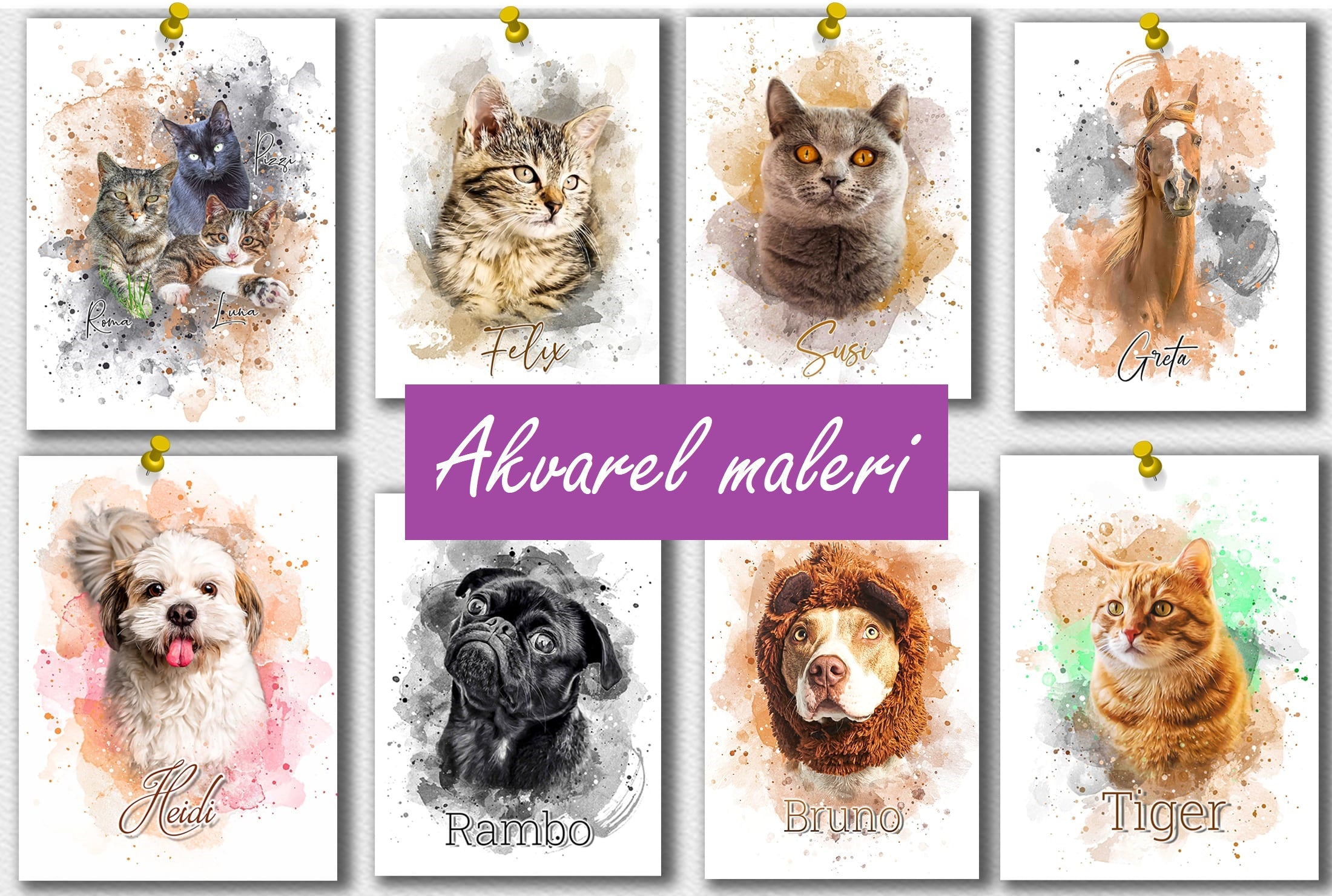 Akvarel af dyr - maleri efter dine fotos - Just Karikatur