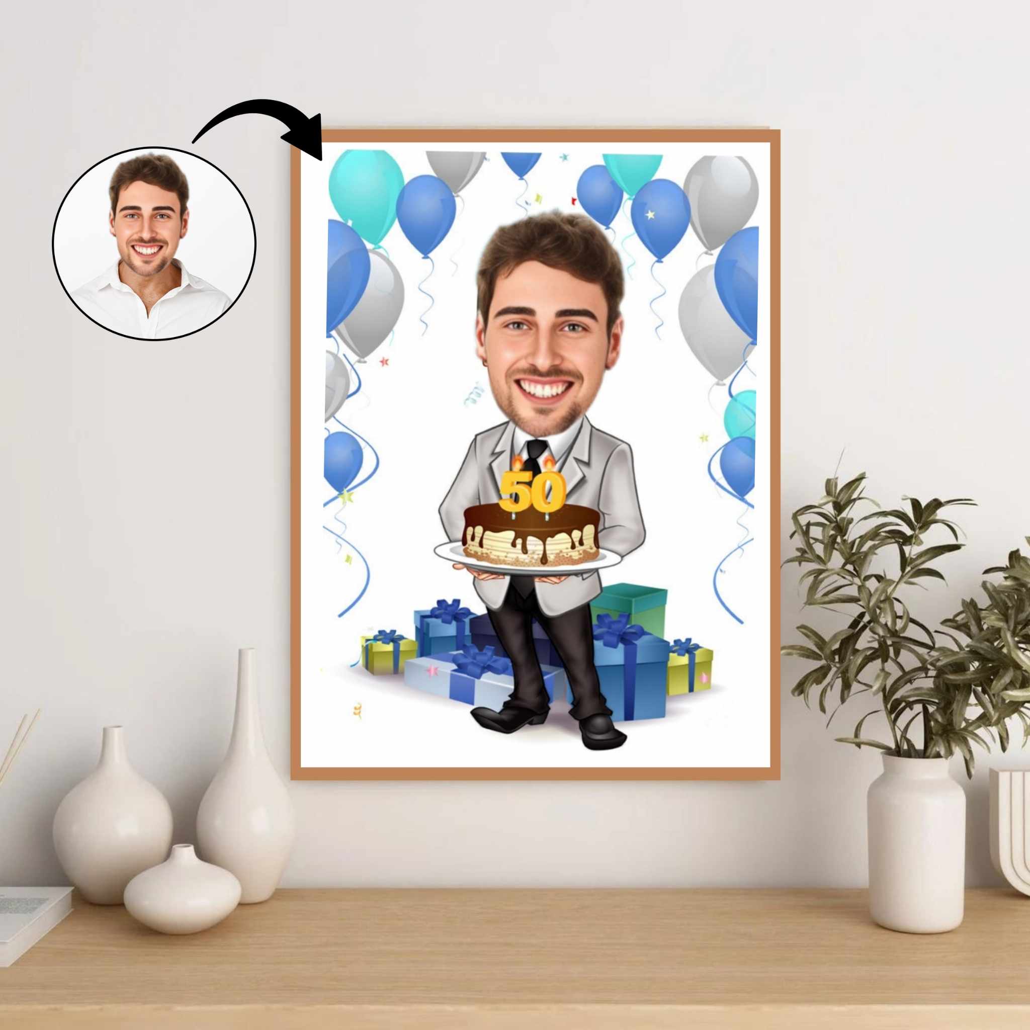 Fødselsdag tema2 (1 person) - karikaturtegning efter dine fotos - Just Karikatur