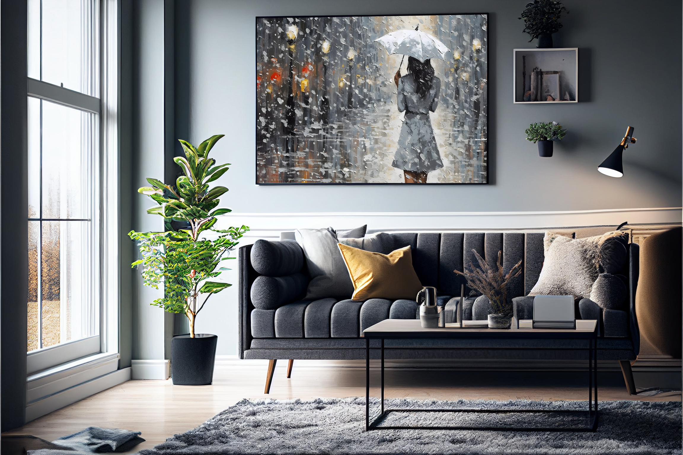 Girl under rain 1 (50 x 70 cm ) - m/ramme - Just Karikatur