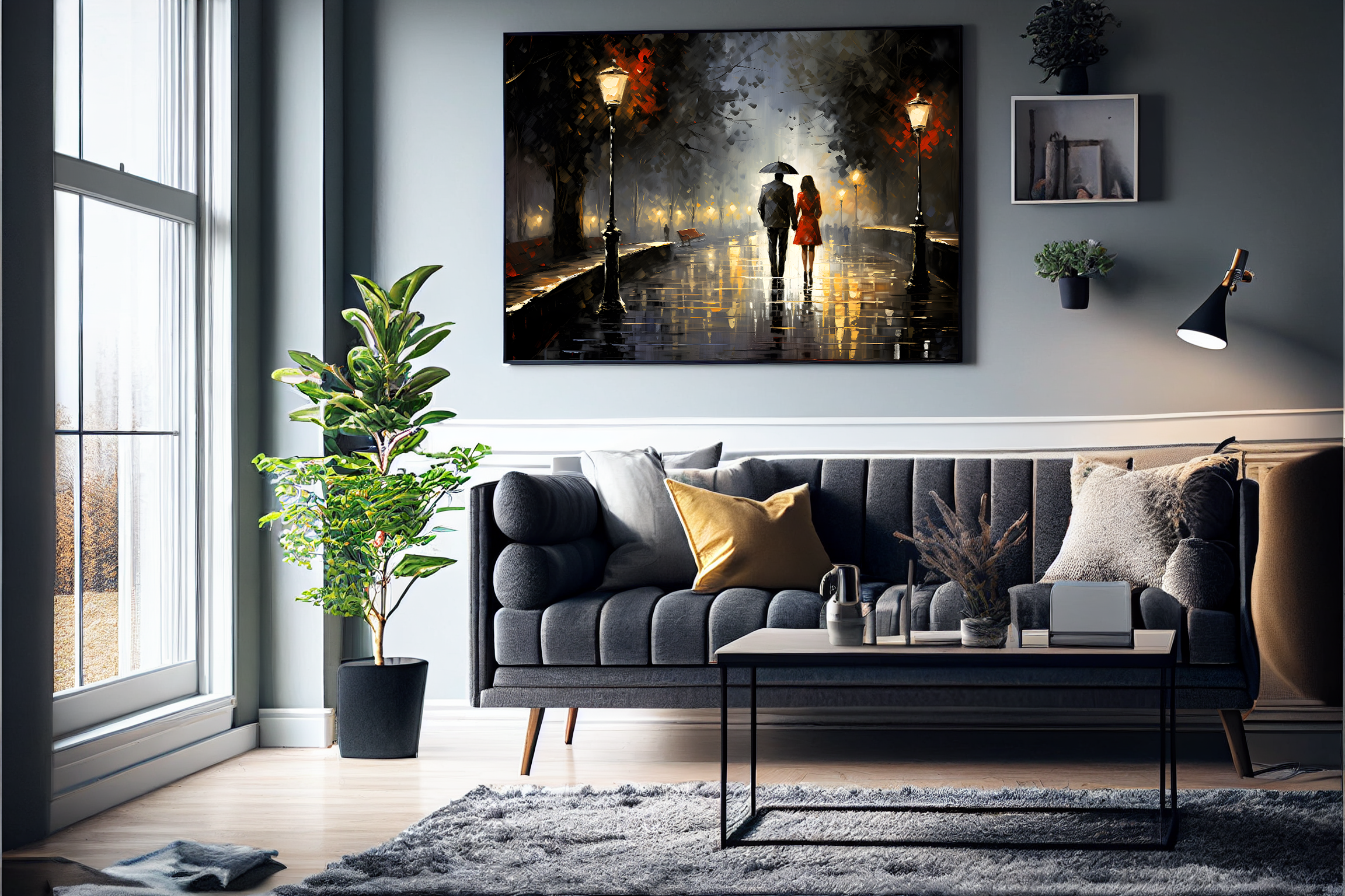 Par under regn 1 plakat (50 x 70 cm ) - m/ramme - Just Karikatur