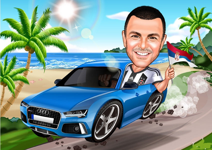 Rejse tema47 (1 person) - karikaturtegning efter dine fotos - Just Karikatur