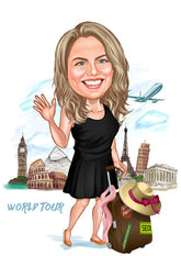 Rejse tema28 (1 person) - karikaturtegning efter dine fotos - Just Karikatur