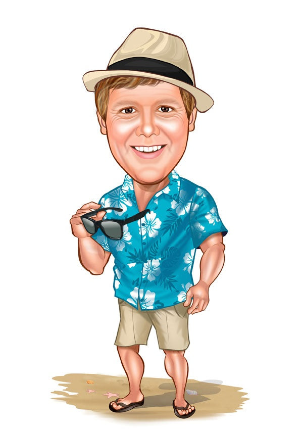 Rejse tema1 (1 person) - karikaturtegning efter dine fotos - Just Karikatur