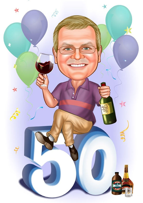 Fødselsdag tema7 (1 person) - karikaturtegning efter dine fotos - Just Karikatur