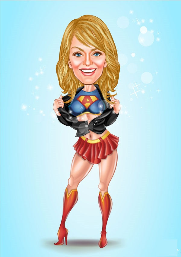 Superhelt tema35 (1 person) - karikaturtegning efter dine fotos - Just Karikatur