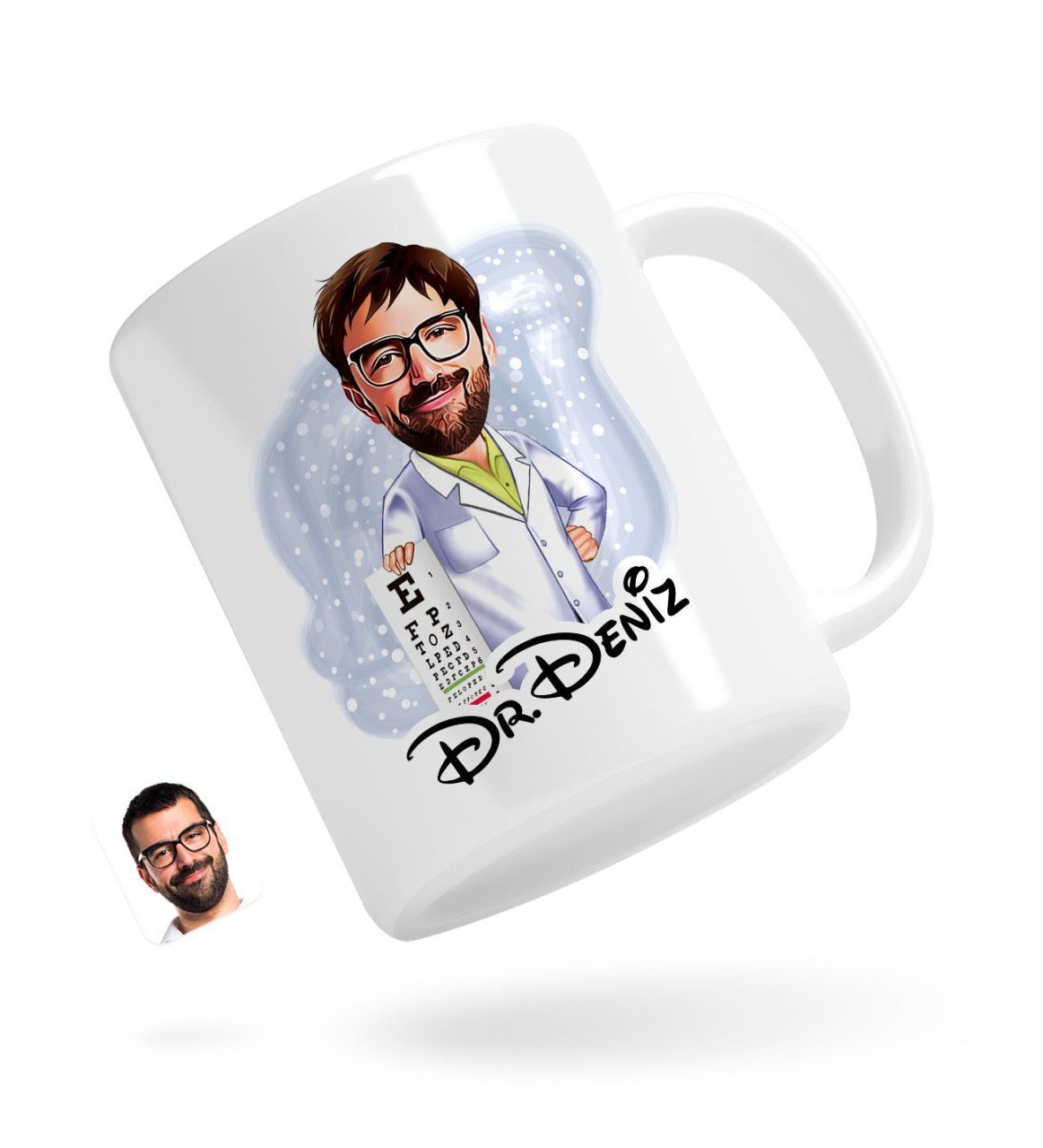 Personlig krus med øjenlæge mand tryk (1 person) - karikatur efter dine billeder - Just Karikatur