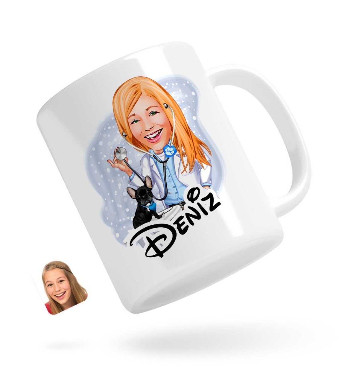 Personlig krus med dyrlæge kvinde tryk (1 person) - karikatur efter dine billeder - Just Karikatur