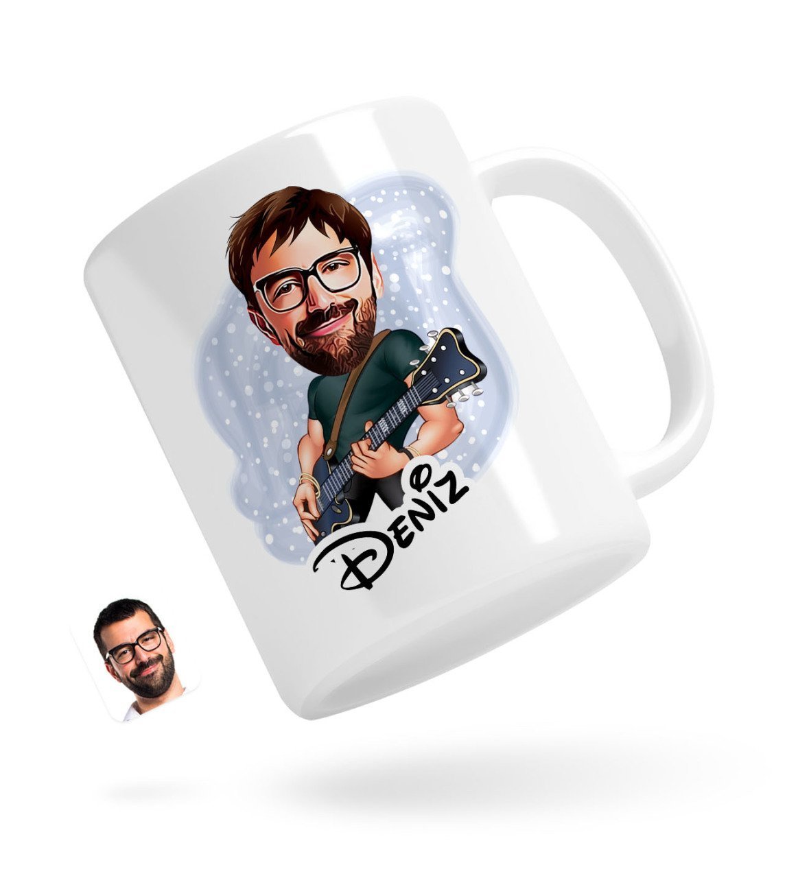 Personlig krus med guitarist mand tryk (1 person) - karikatur efter dine billeder - Just Karikatur