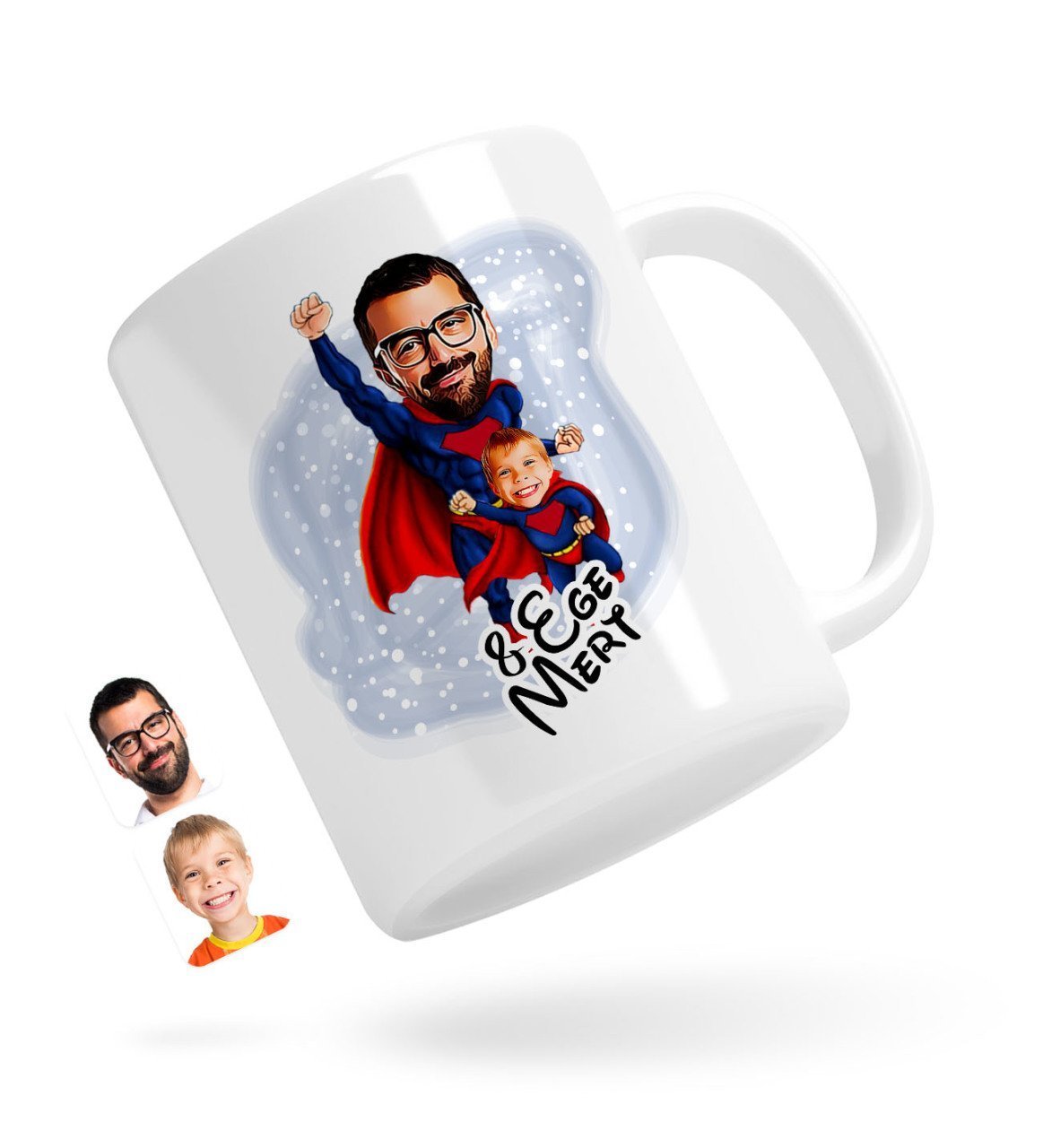 Personlig krus som superhelt far & søn tryk (2 personer) - karikatur efter dine billeder - Just Karikatur