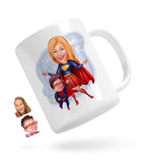 Personlig krus som superhelt mor & søn tryk (2 personer) - karikatur efter dine billeder - Just Karikatur
