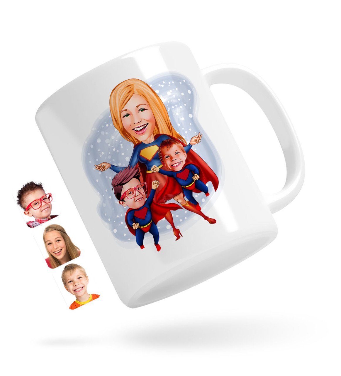 Personlig krus som superhelt mor & sønner tryk (3 personer) - karikatur efter dine billeder - Just Karikatur