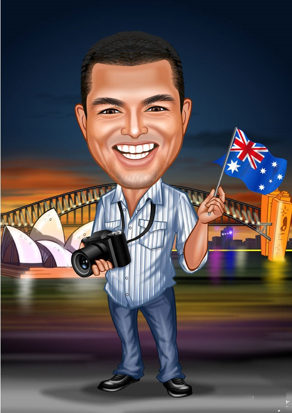 Rejse tema16 (1 person) - karikaturtegning efter dine fotos - Just Karikatur