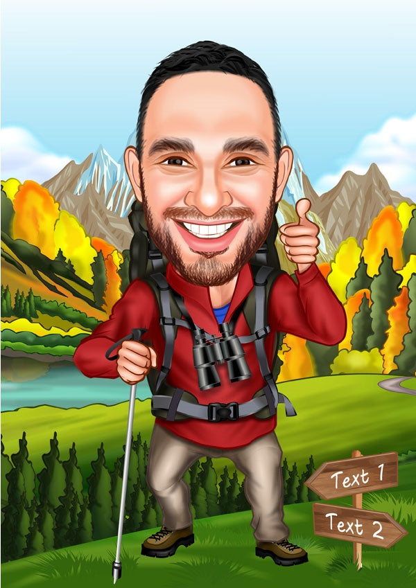 Rejse tema12 (1 person) - karikaturtegning efter dine fotos - Just Karikatur